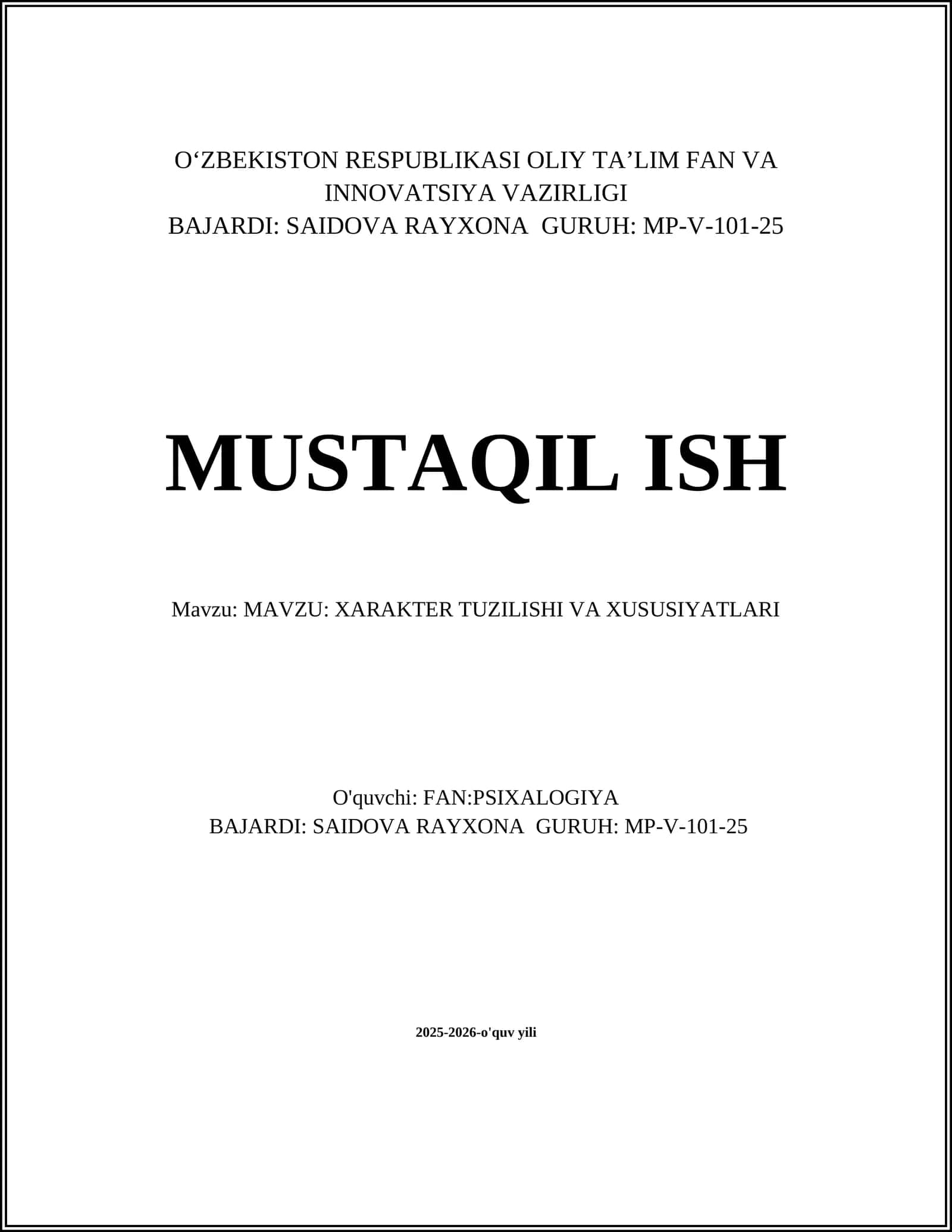 XARAKTER TUZILISHI VA XUSUSIYATLARI