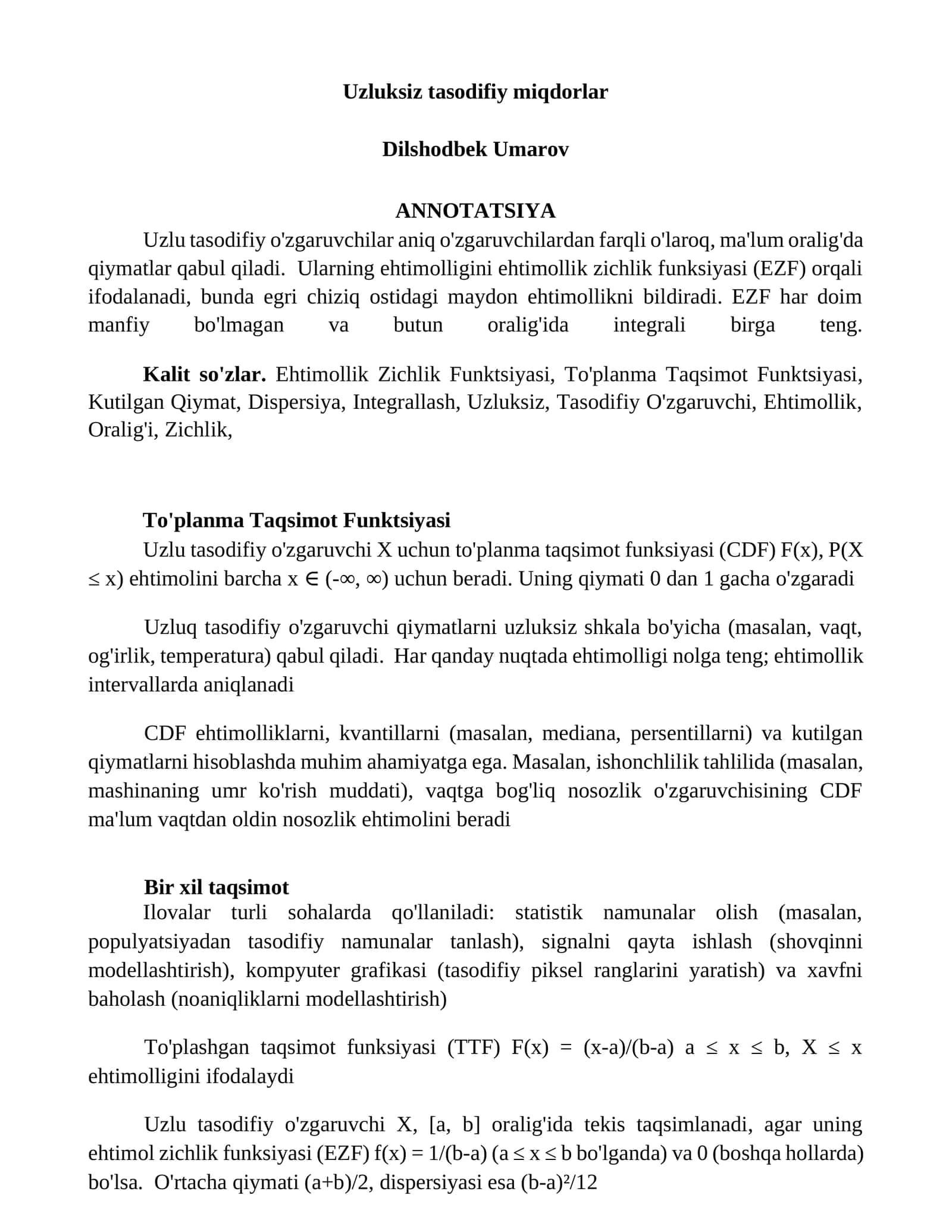 Uzluksiz tasodifiy miqdorlar