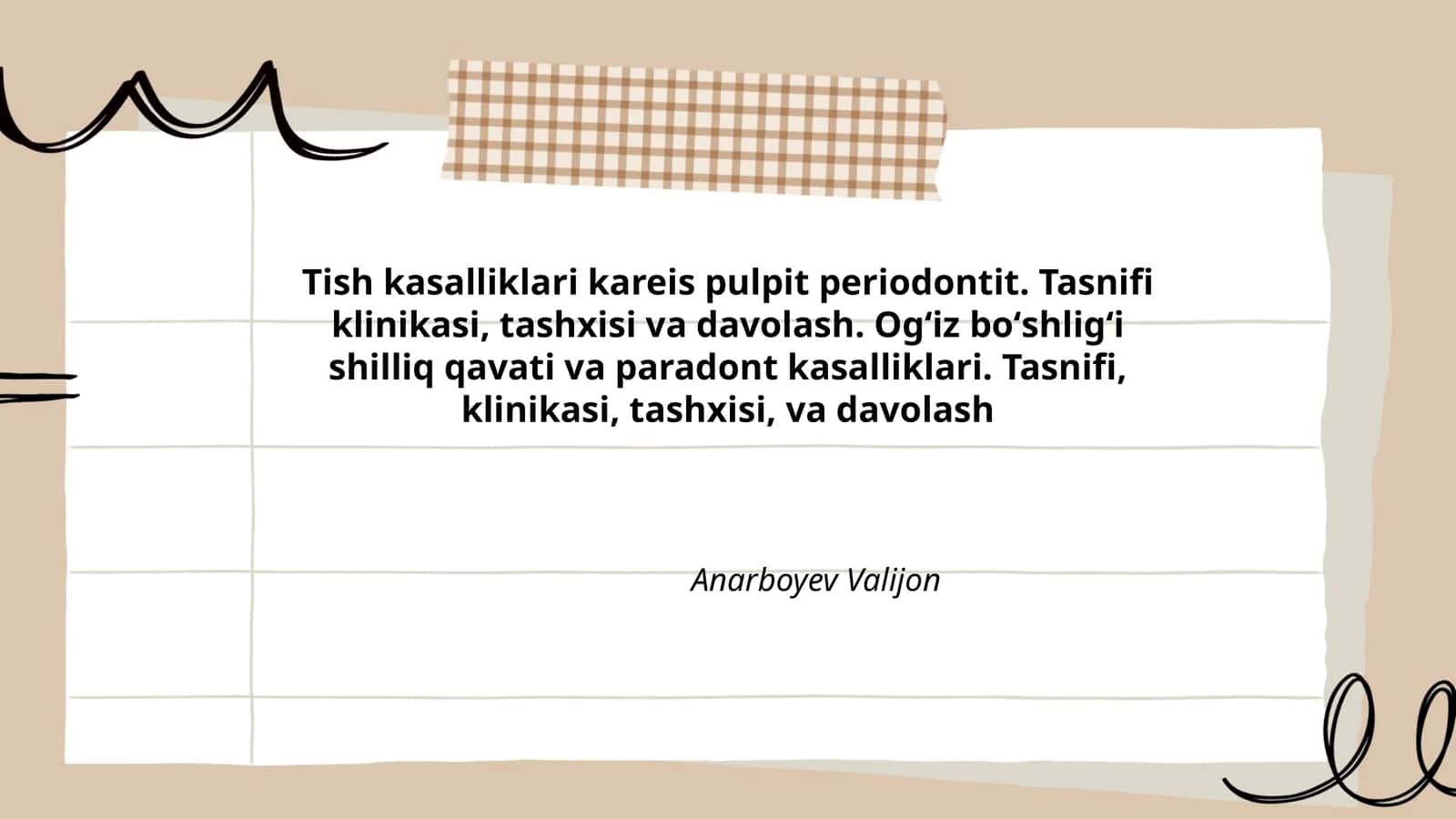 Tish kasalliklari kareis pulpit periodontit. Tasnifi klinikasi, tashxisi va davolash. Ogʻiz boʻshligʻi shilliq qavati va paradont kasalliklari. Tasnifi, klinikasi, tashxisi, va davolash