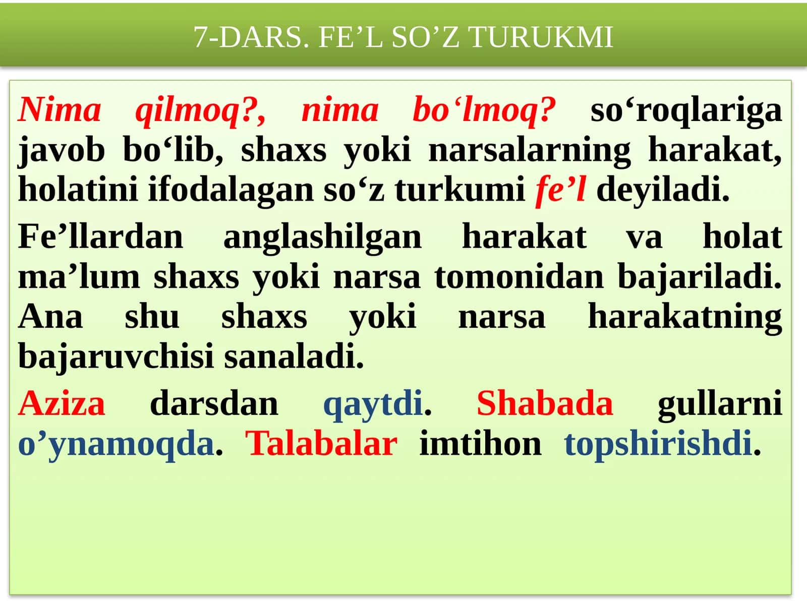 7-DARS. FE’L SO’Z TURUKMI