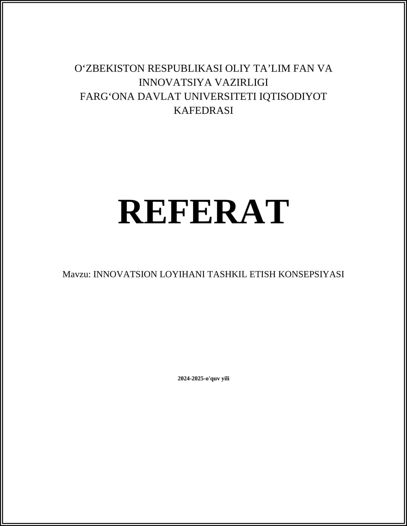 INNOVATSION LOYIHANI TASHKIL ETISH KONSEPSIYASI