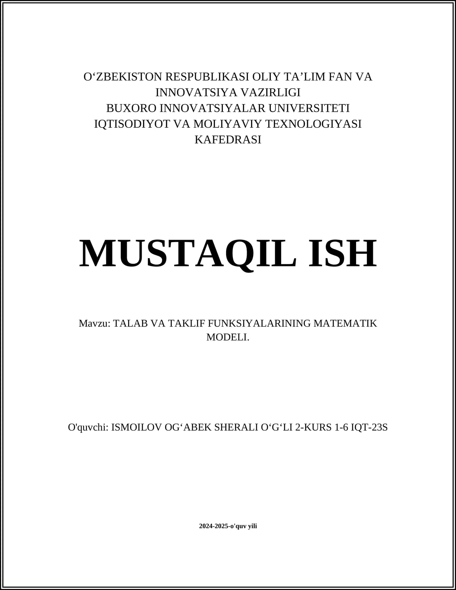 TALAB VA TAKLIF FUNKSIYALARINING MATEMATIK MODELI