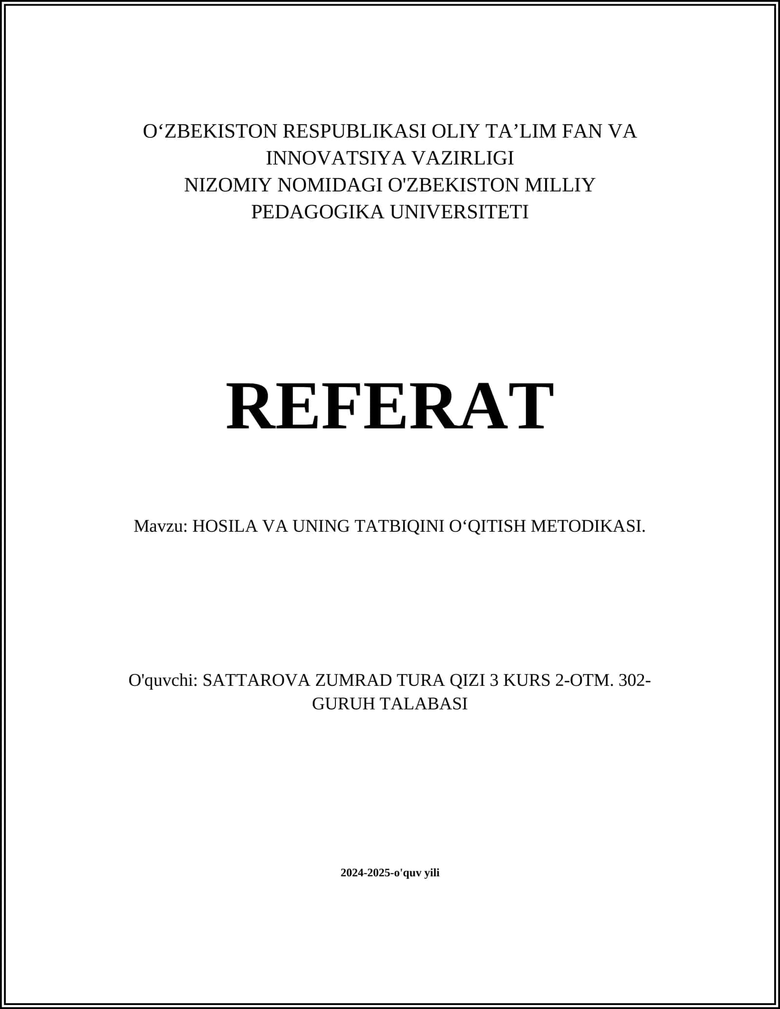 HOSILA VA UNING TATBIQINI OʻQITISH METODIKASI