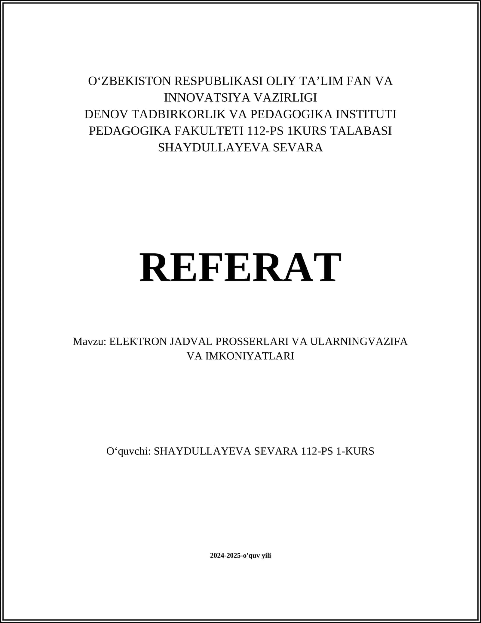 ELEKTRON JADVAL PROSSERLARI VA ULARNING VAZIFA VA IMKONIYATLARI