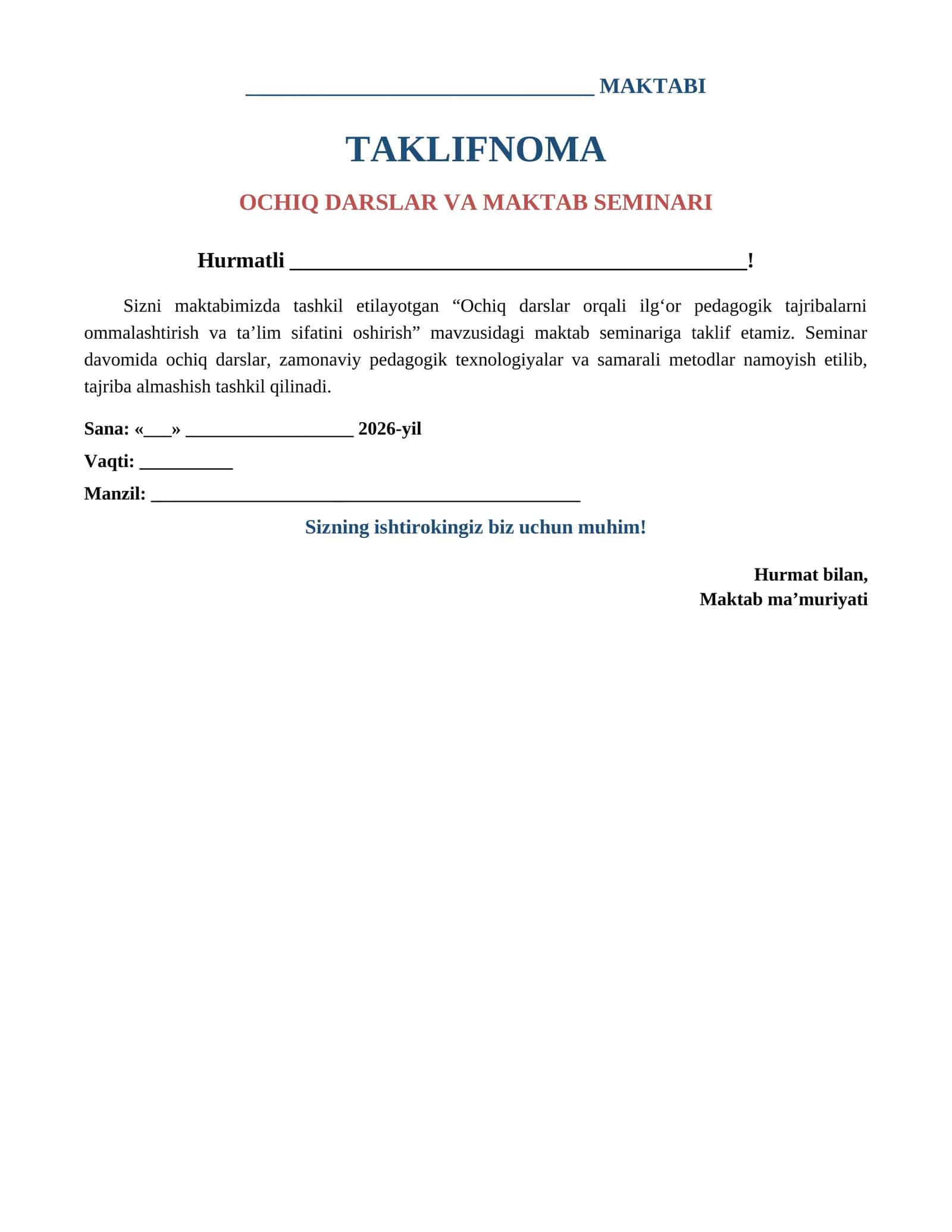 Ochiq darslar orqali ilg‘or pedagogik tajribalarni ommalashtirish va ta’lim sifatini oshirish