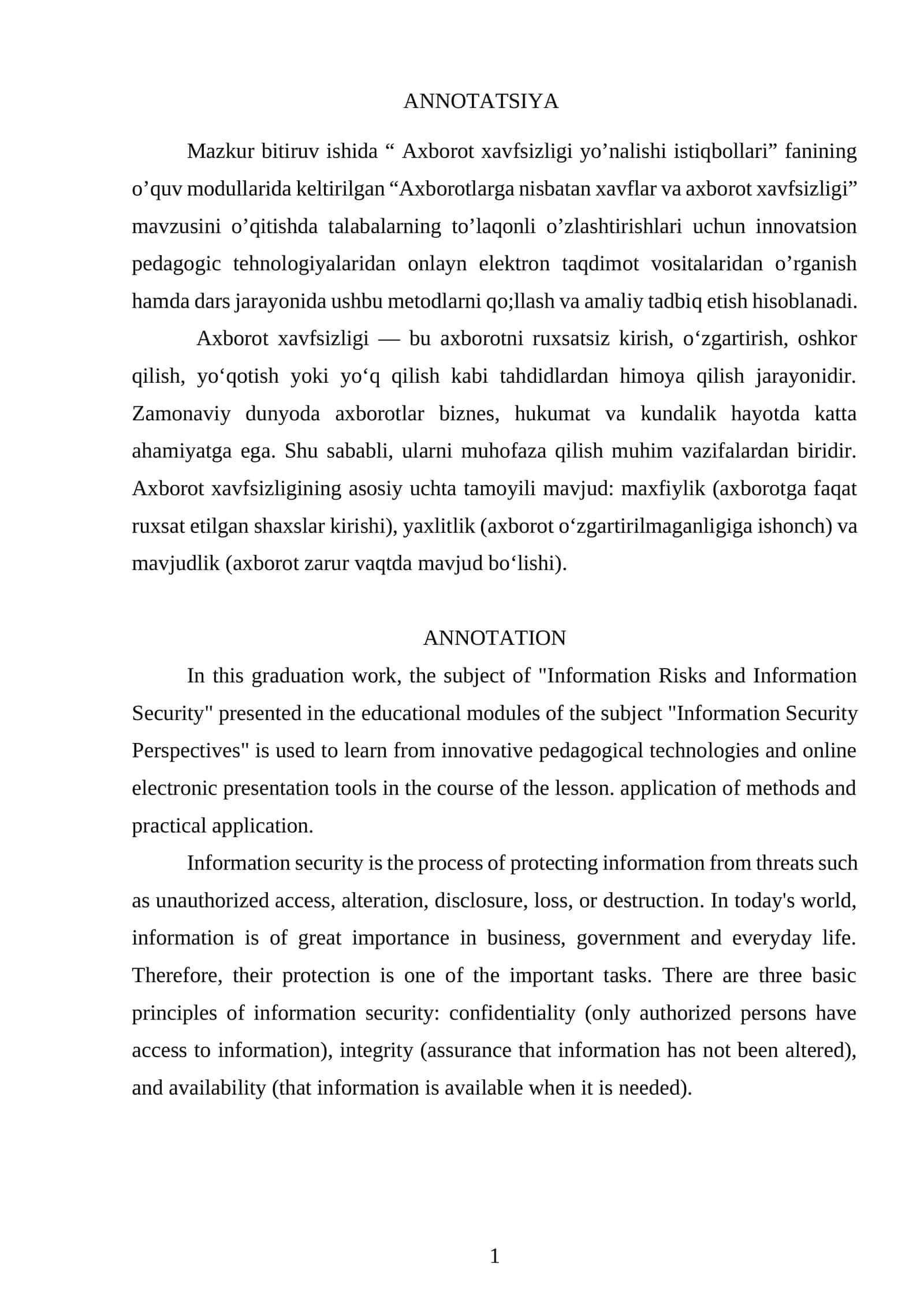 Axborotlarga nisbatan xavflar va axborot xavfsizligi yo’nalishi istiqbollari