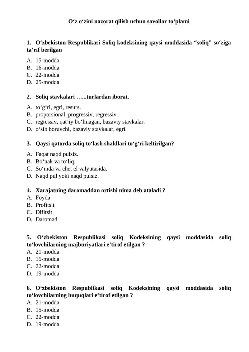 soliq kodeksi boʻyicha test