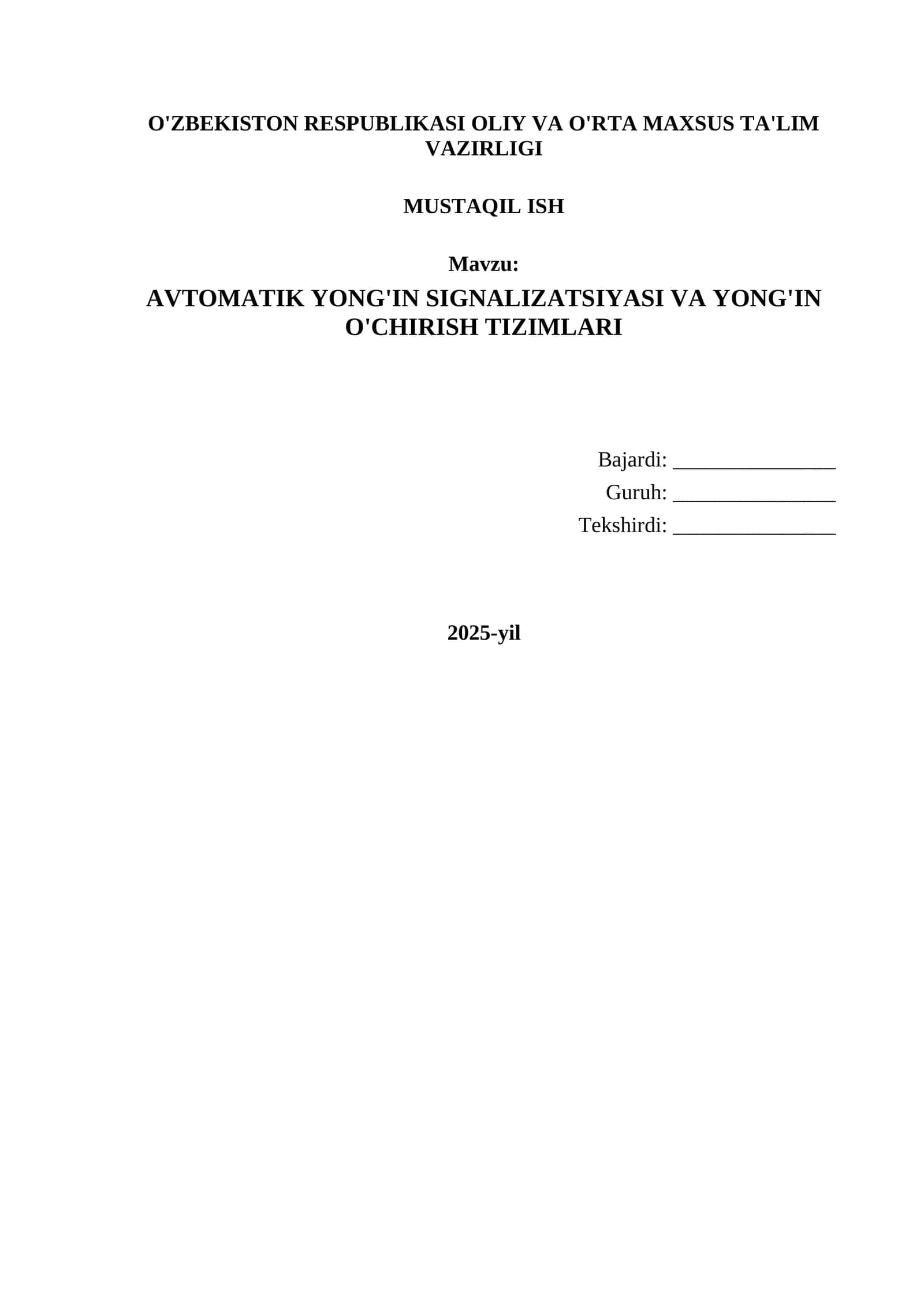 AVTOMATIK YONG'IN SIGNALIZATSIYASI VA YONG'IN O'CHIRISH TIZIMLARI