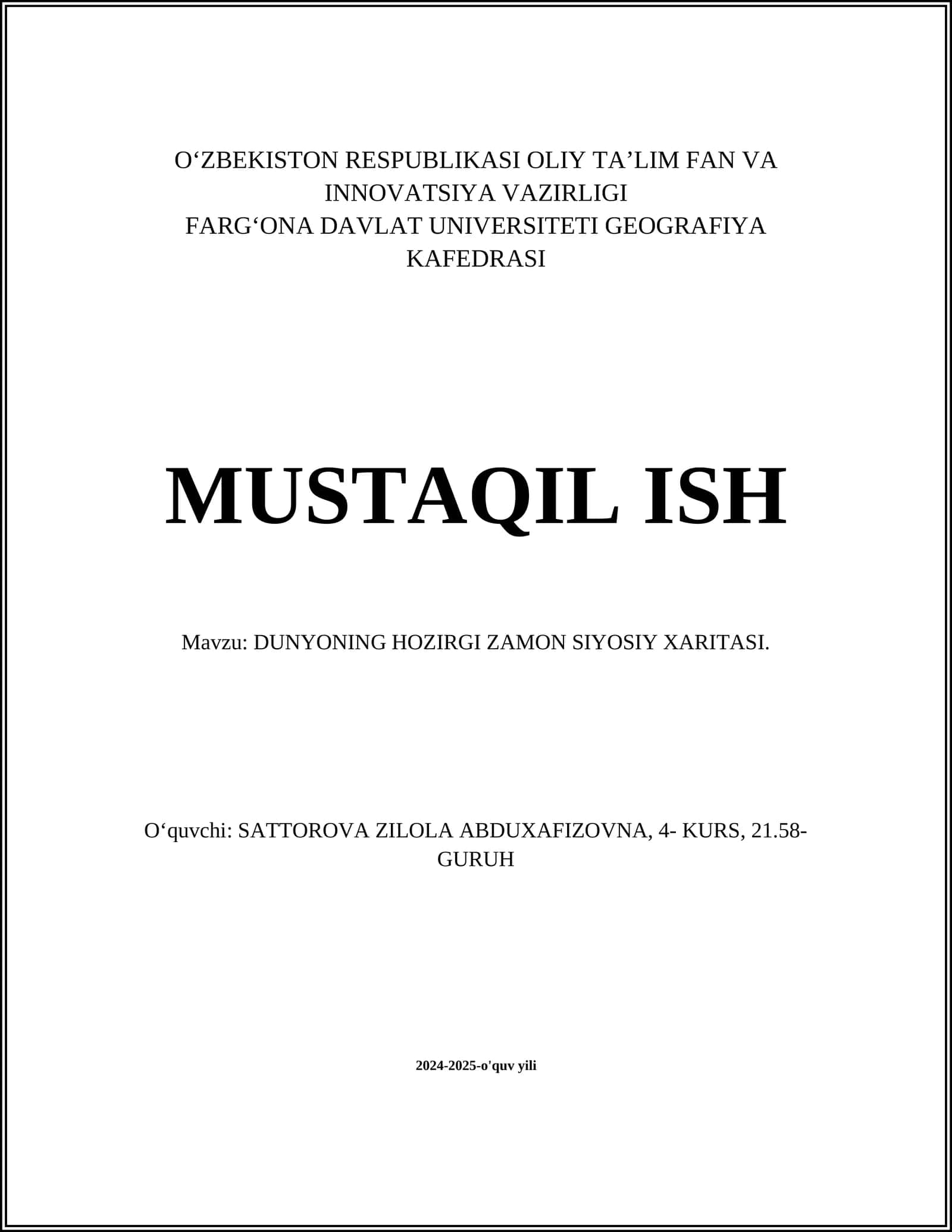 DUNYONING HOZIRGI ZAMON SIYOSIY XARITASI