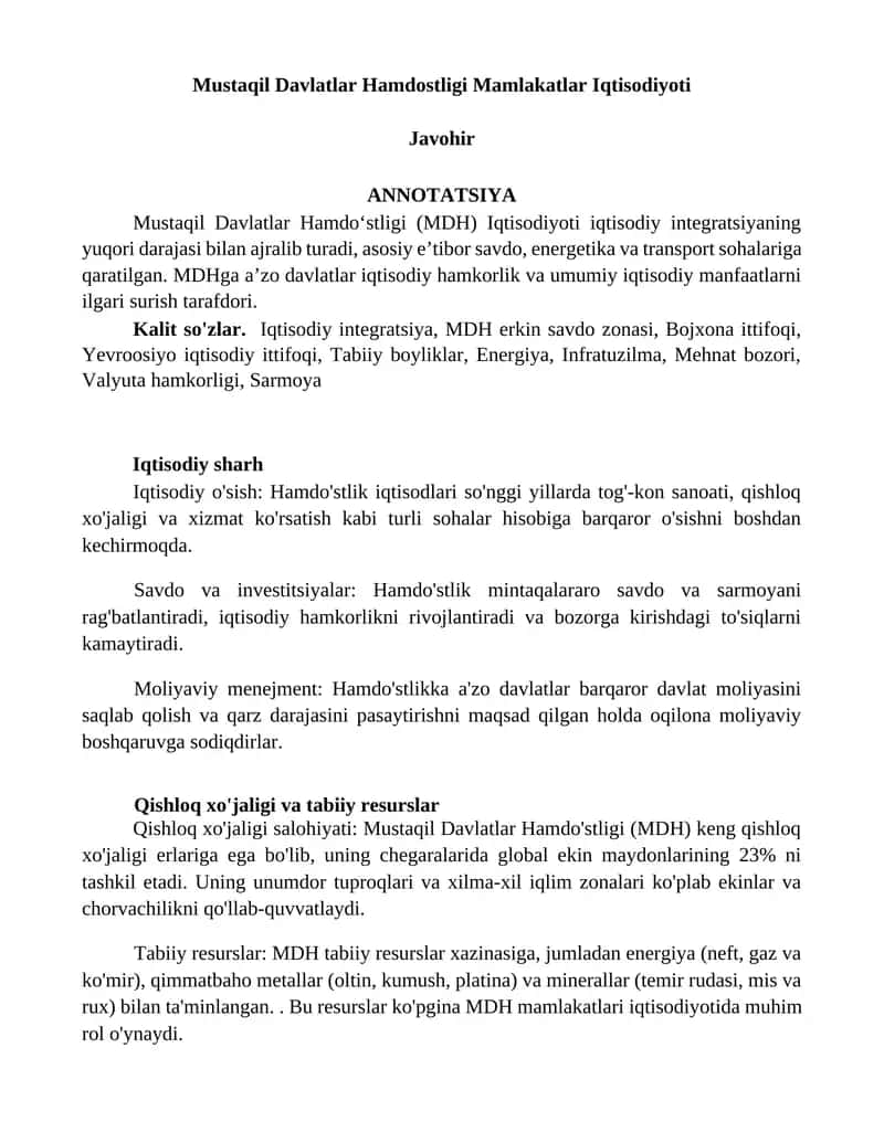Mustaqil Davlatlar Hamdo'stligi Mamlakatlar Iqtisodiyoti