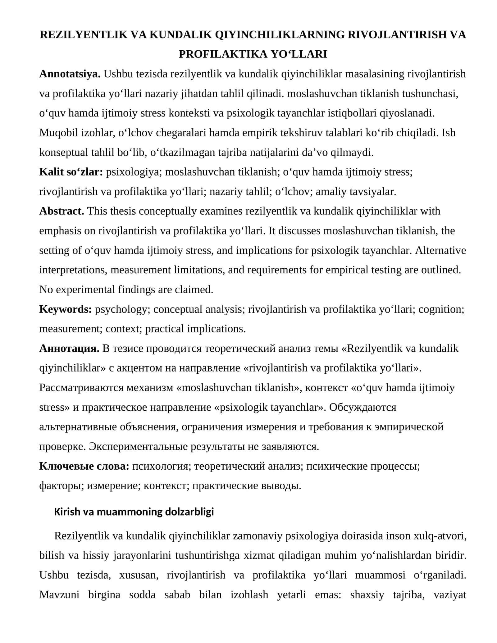 REZILYENTLIK VA KUNDALIK QIYINCHILIKLARNING RIVOJLANTIRISH VA PROFILAKTIKA YO‘LLARI