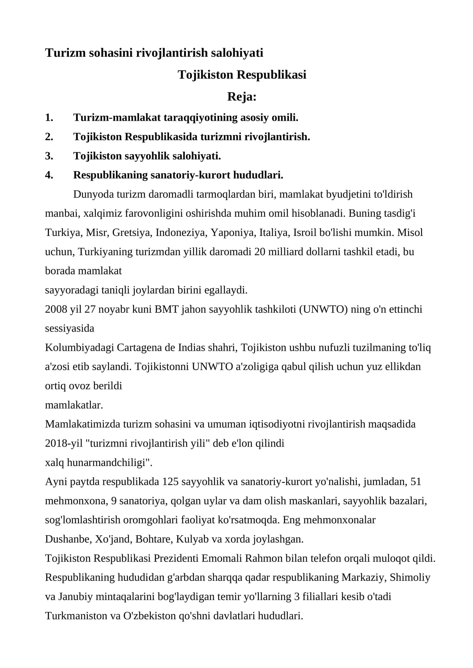 Turizm sohasini rivojlantirish salohiyati