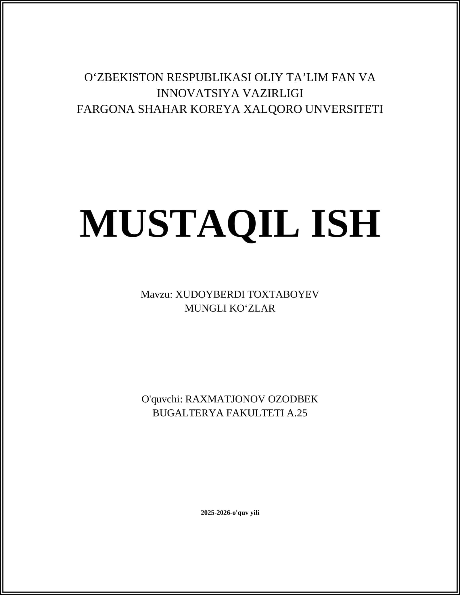 XUDOYBERDI TOXTABOYEV - MUNGLI KOʻZLAR