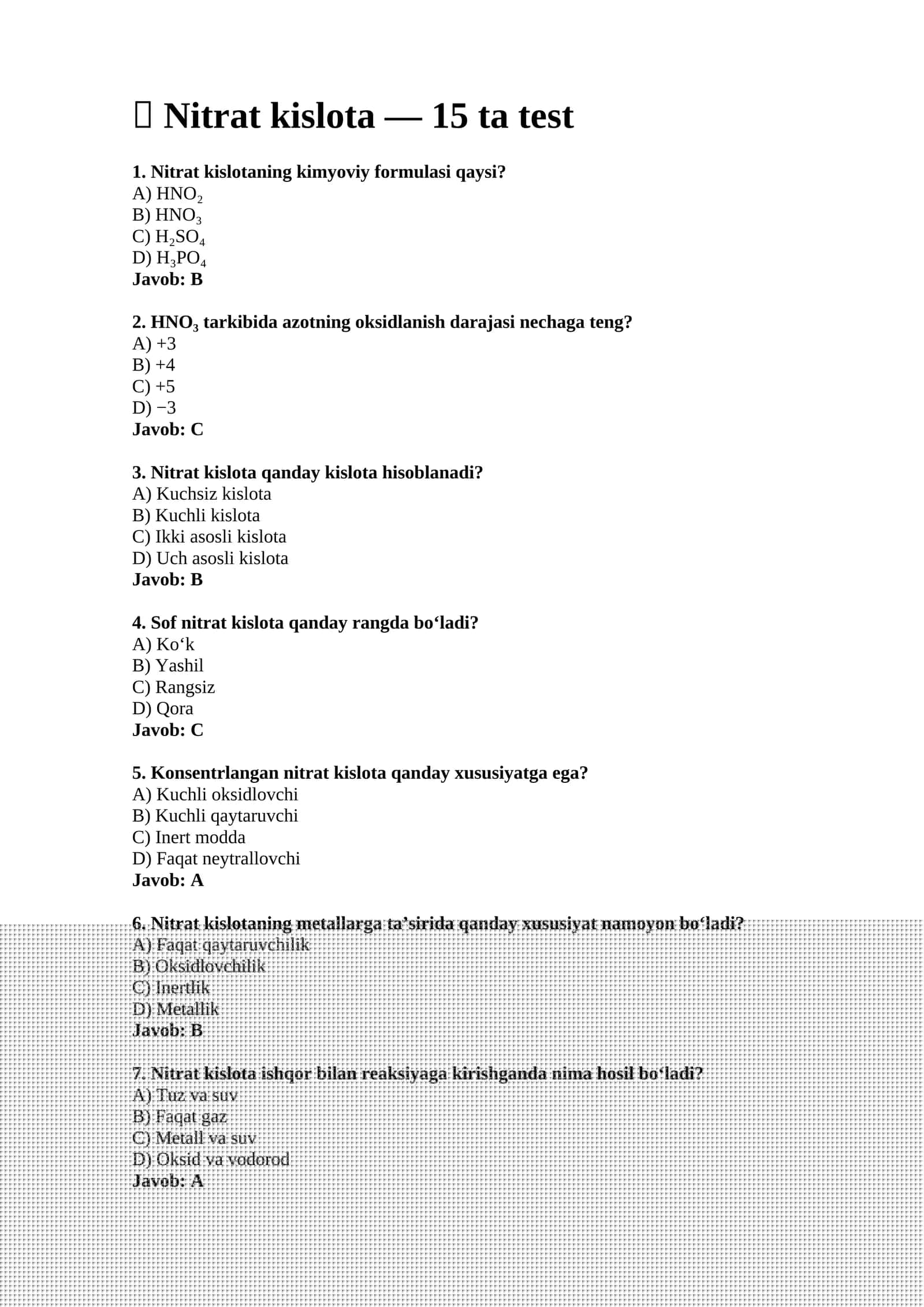 Nitrat kislota testlari