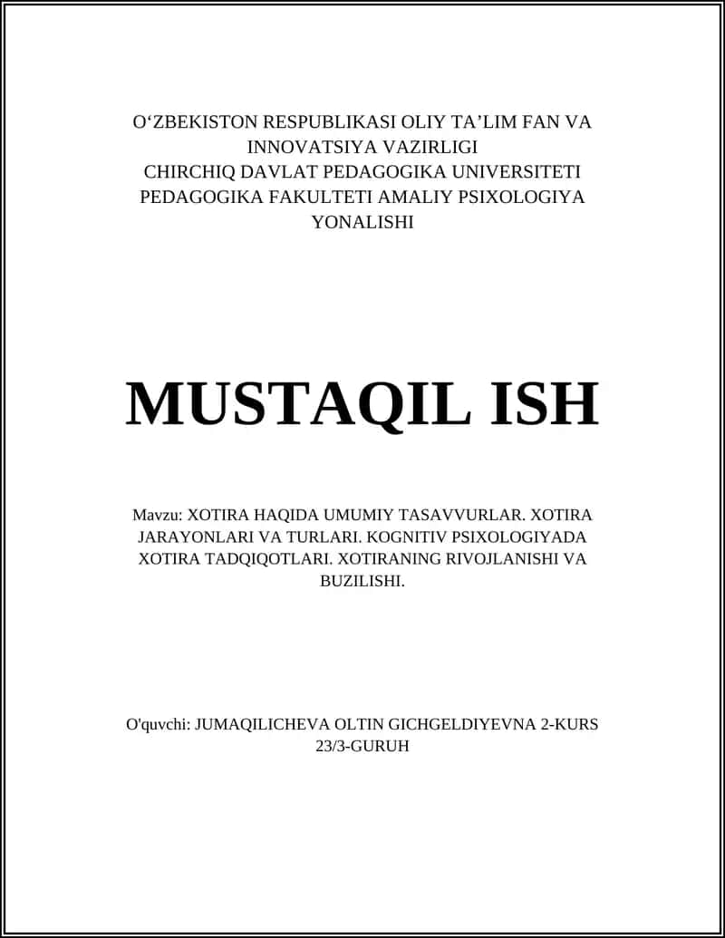 XOTIRA HAQIDA UMUMIY TASAVVURLAR