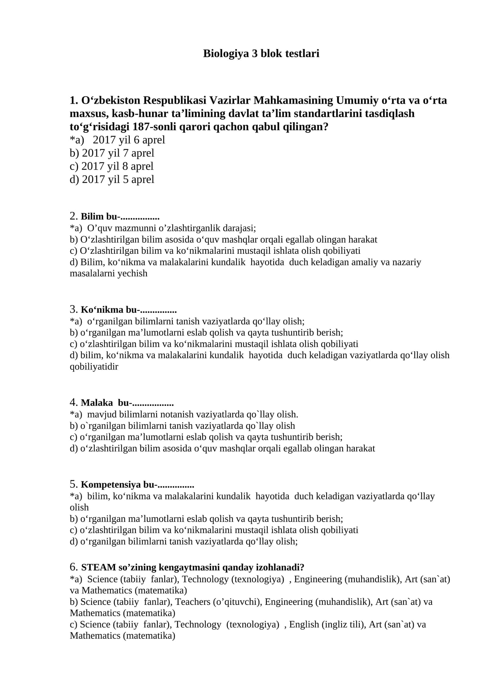 Biologiya fanidan testlar