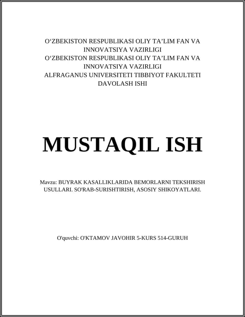 BUYRAK KASALLIKLARIDA BEMORLARNI TEKSHIRISH USULLARI