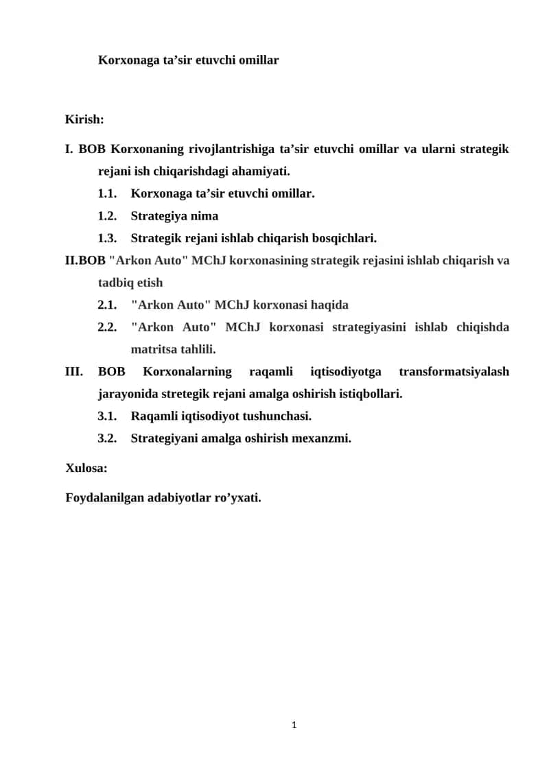 Arkon Auto MChJ korxonasining strategik rejasini ishlab chiqarish va tadbiq etish