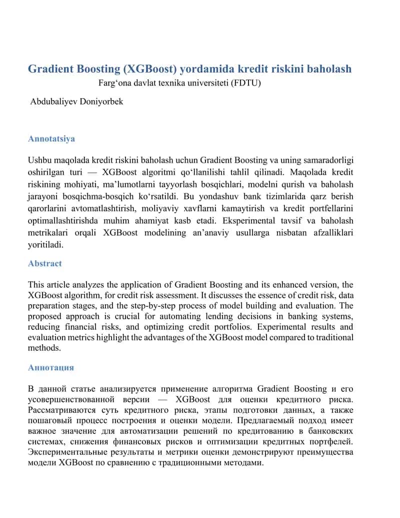 Gradient Boosting (XGBoost) yordamida kredit riskini baholash