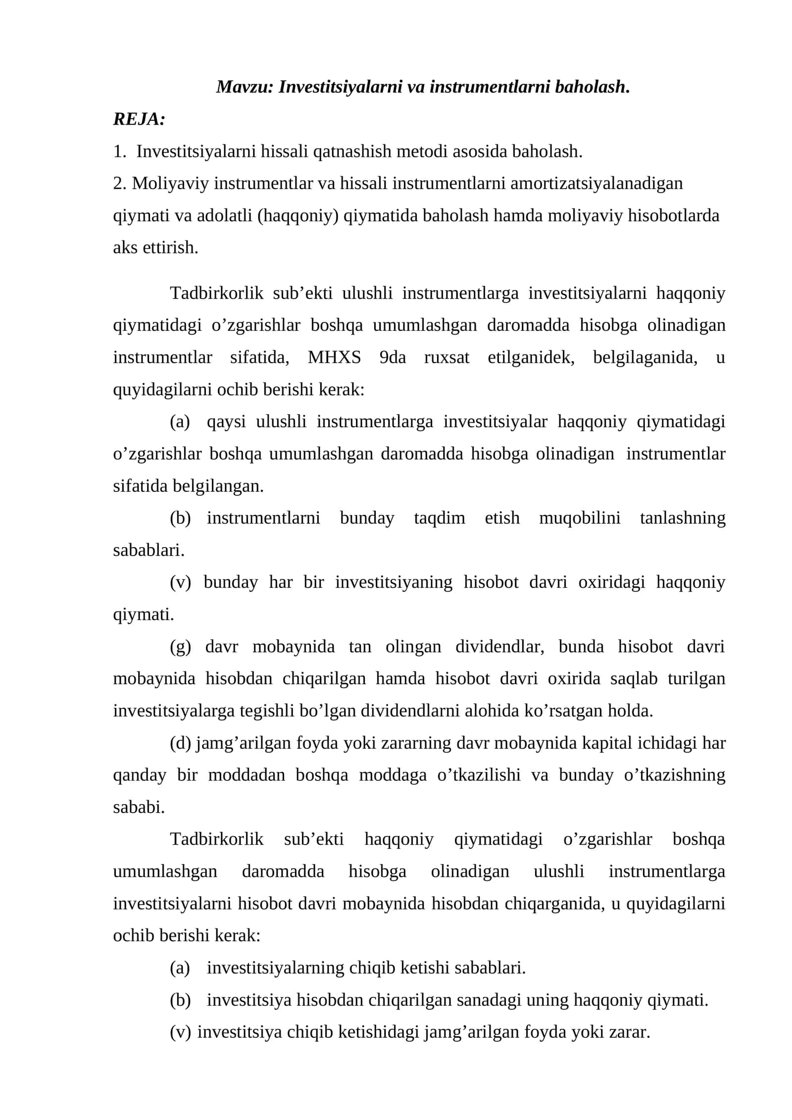 Investitsiyalarni va instrumentlarni baholash