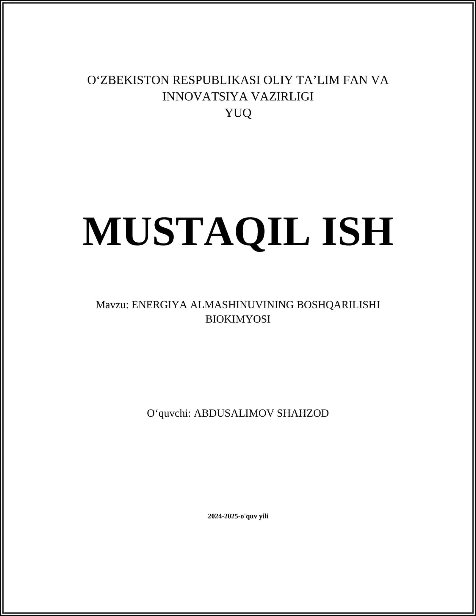 ENERGIYA ALMASHINUVINING BOSHQARILISHI BIOKIMYOSI