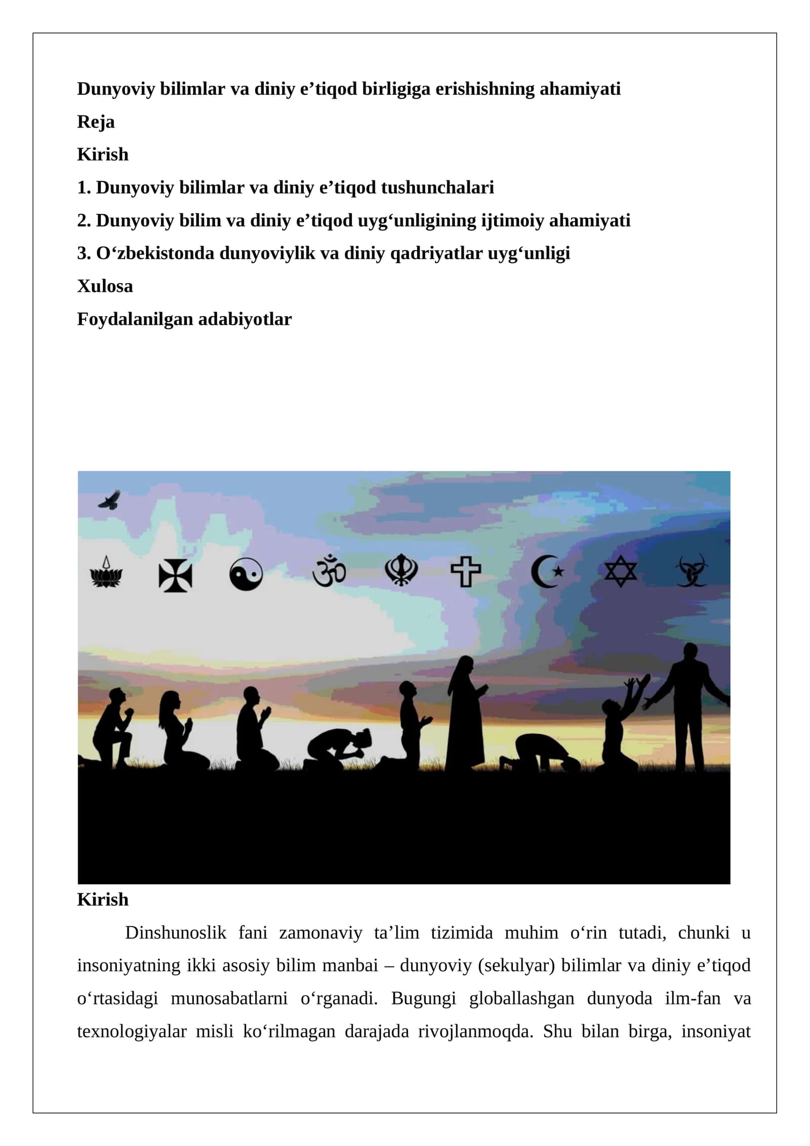 Dunyoviy bilimlar va diniy e’tiqod birligiga erishishning ahamiyati