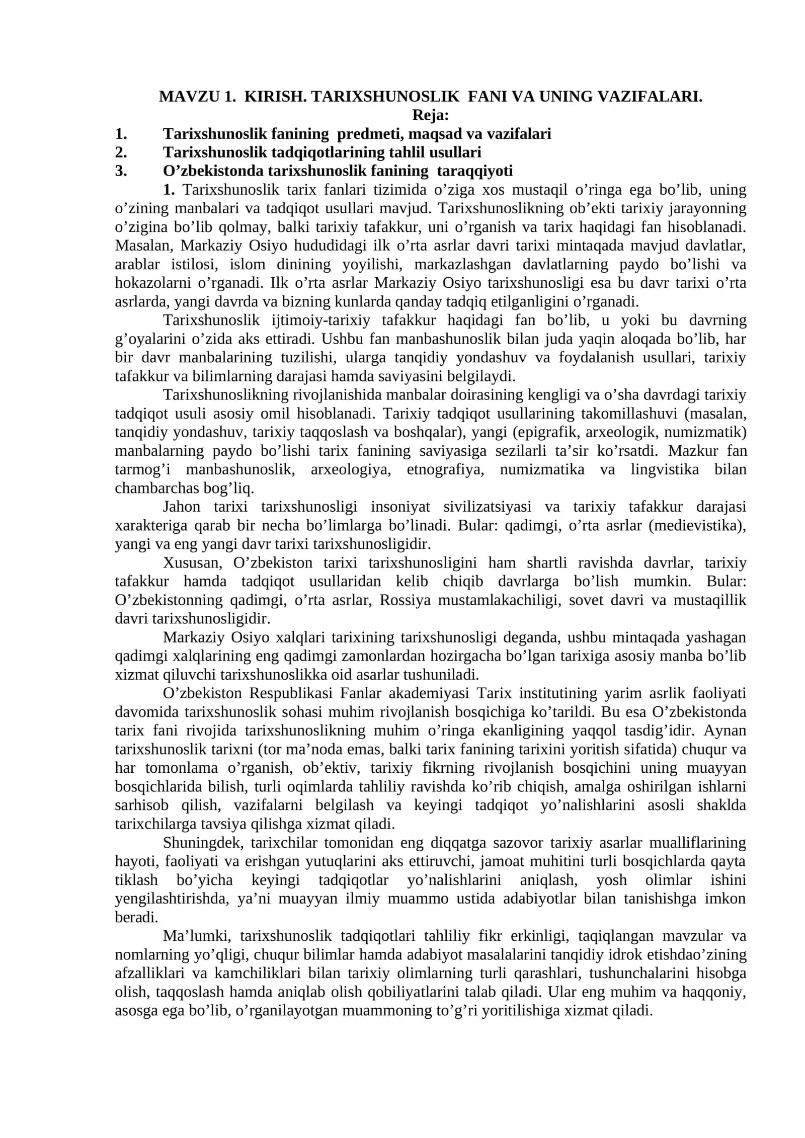 TARIXSHUNOSLIK FANI VA UNING VAZIFALARI