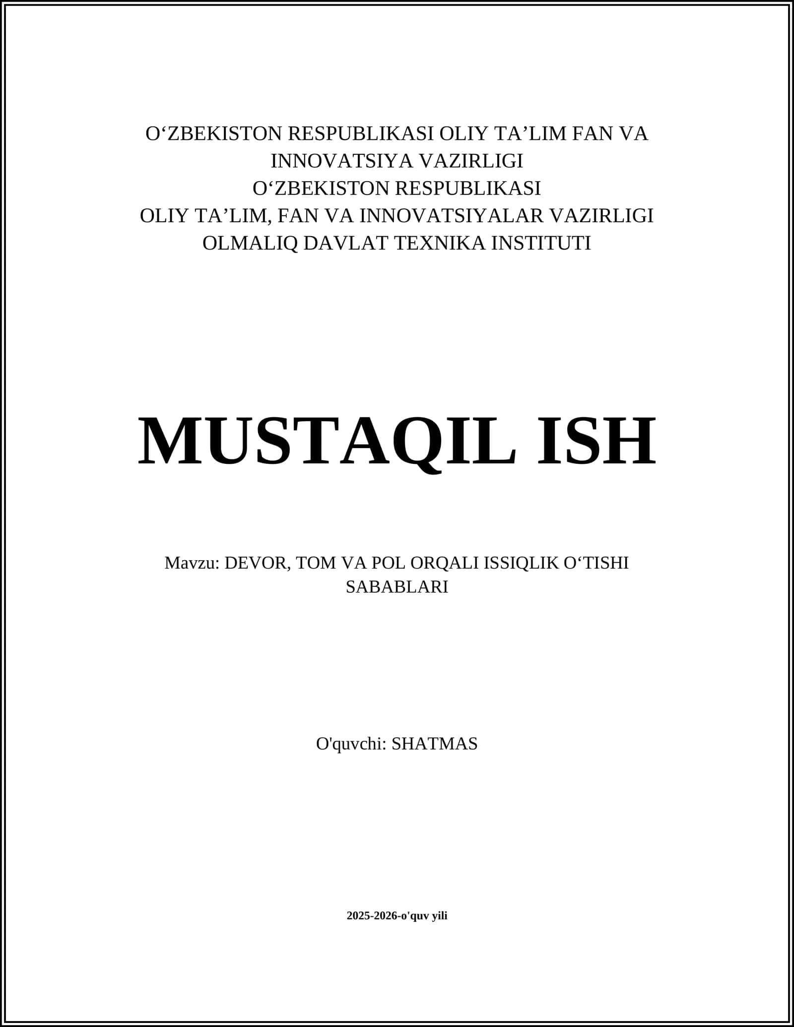 DEVOR, TOM VA POL ORQALI ISSIQLIK O‘TISHI SABABLARI