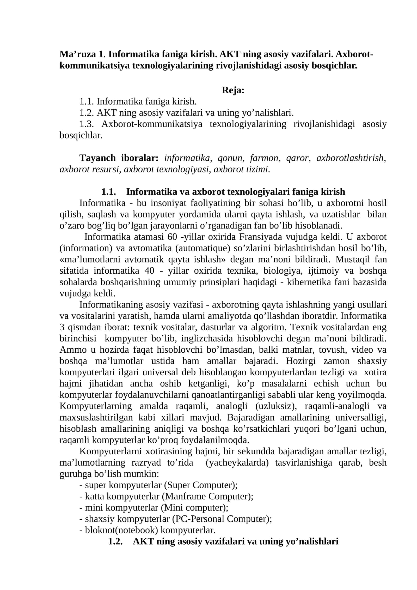 Informatika va axborot texnologiyalari faniga kirish