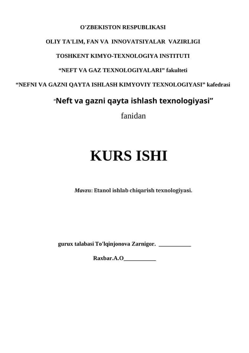 Etanol ishlab chiqarish texnologiyasi
