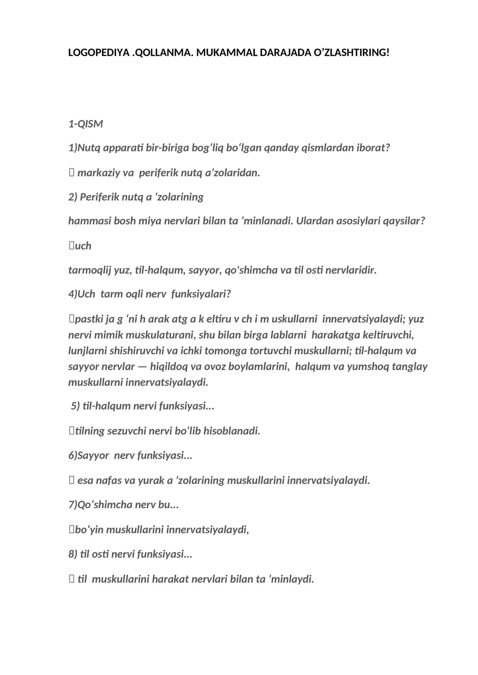 LOGOPEDIYA.QOLLANMA. MUKAMMAL DARAJADA O’ZLASHTIRING! 1-QISM
