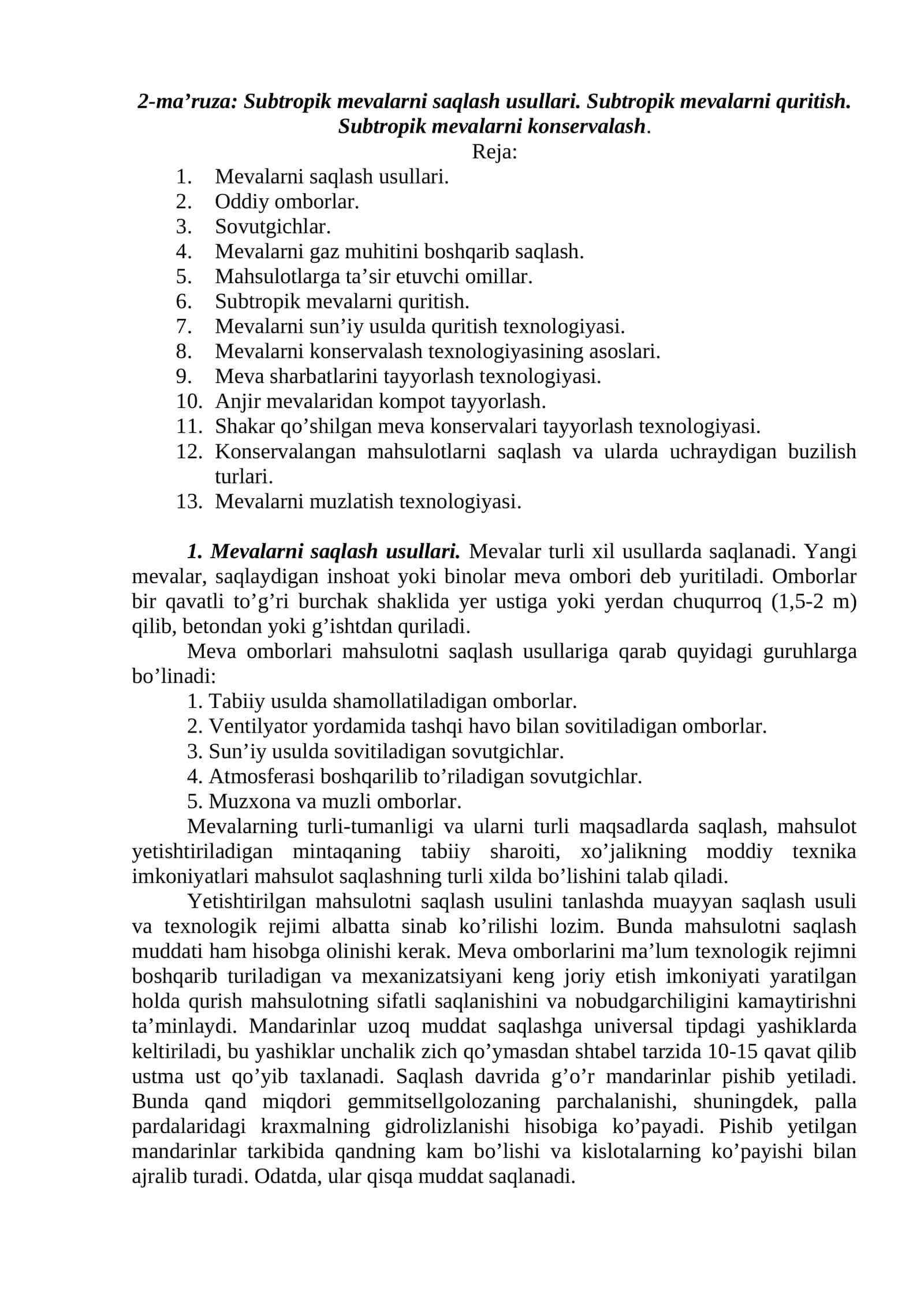 Subtropik mevalarni saqlash usullari