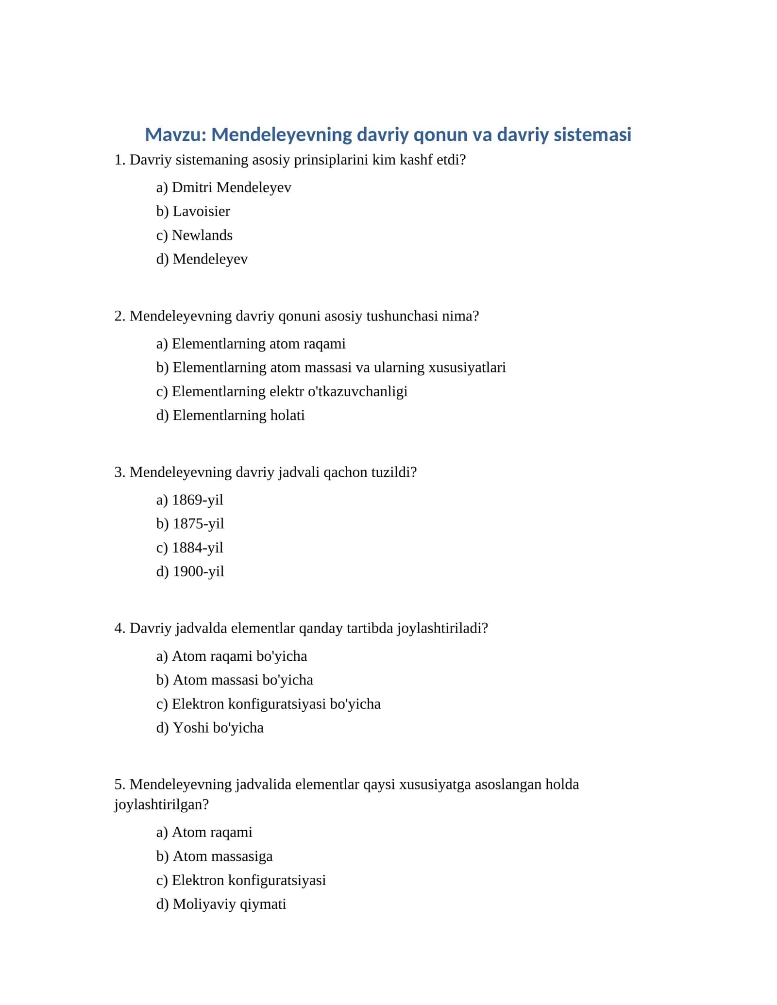 Mendeleyevning davriy qonun va davriy sistemasi
