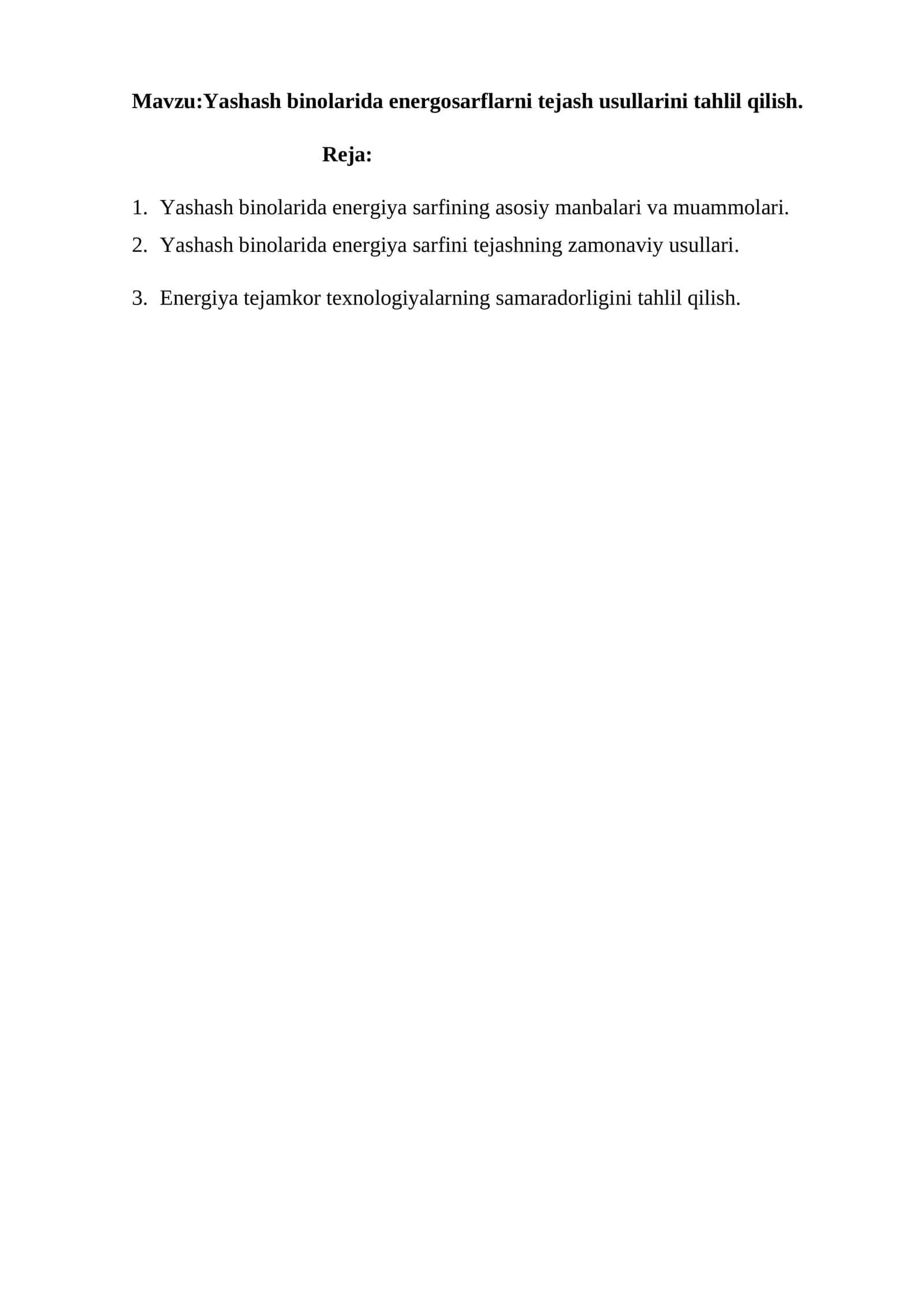 Yashash binolarida energosarflarni tejash usullarini tahlil qilish