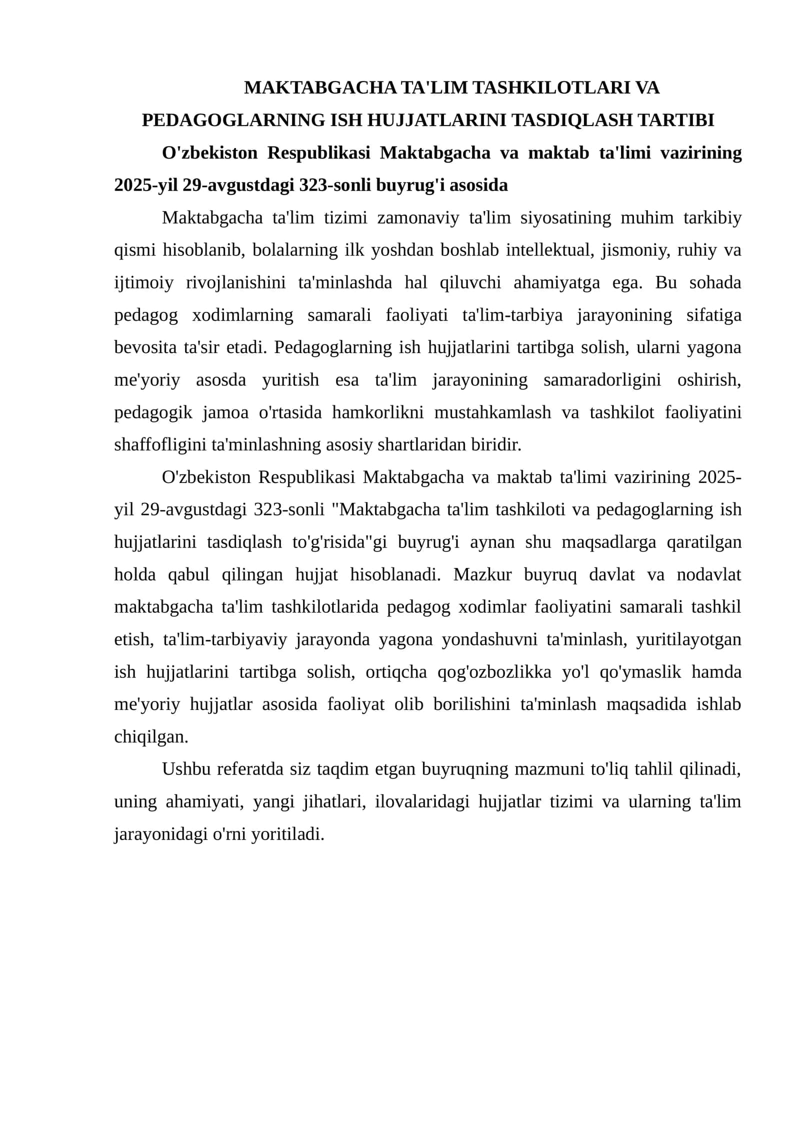 MAKTABGACHA TA'LIM TASHKILOTLARI VA PEDAGOGLARNING ISH HUJJATLARINI TASDIQLASH TARTIBI