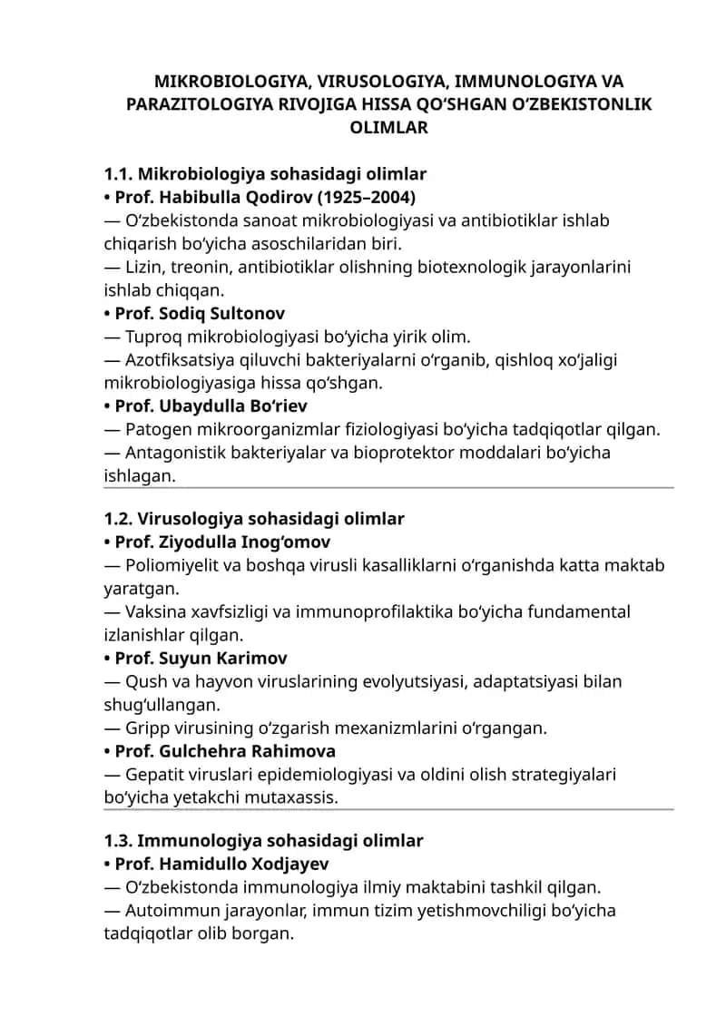 MIKROBIOLOGIYA, VIRUSOLOGIYA, IMMUNOLOGIYA VA PARAZITOLOGIYA RIVOJIGA HISSA QO‘SHGAN O‘ZBEKISTONLIK OLIMLAR