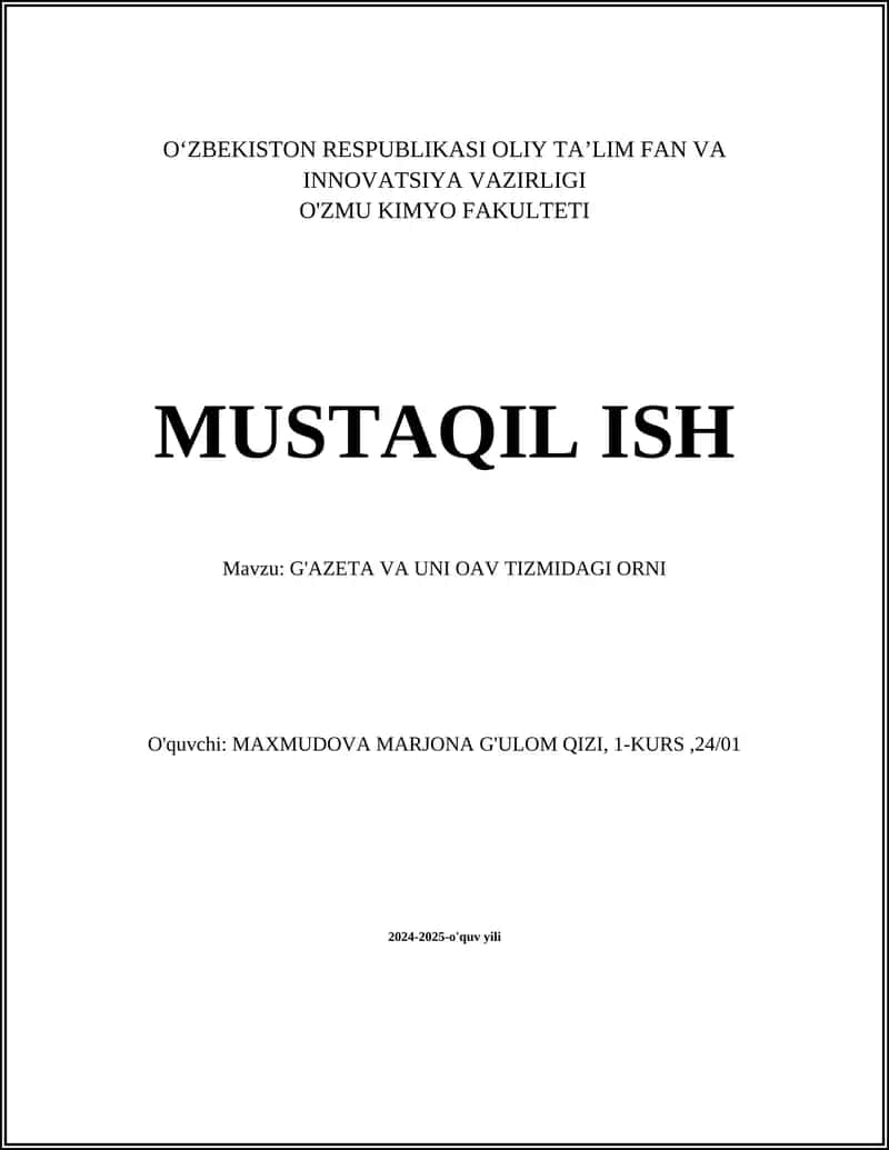 G'AZETA VA UNI OAV TIZMIDAGI ORNI