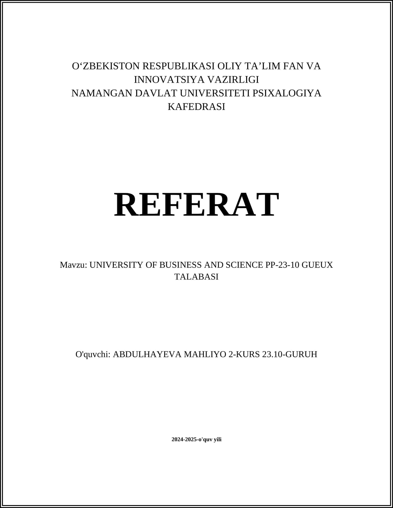 UNIVERSITY OF BUSINESS AND SCIENCE PP-23-10 GUEUX TALABASI