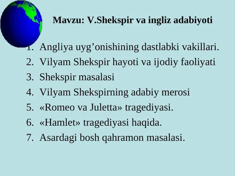 V.Shekspir va ingliz adabiyoti