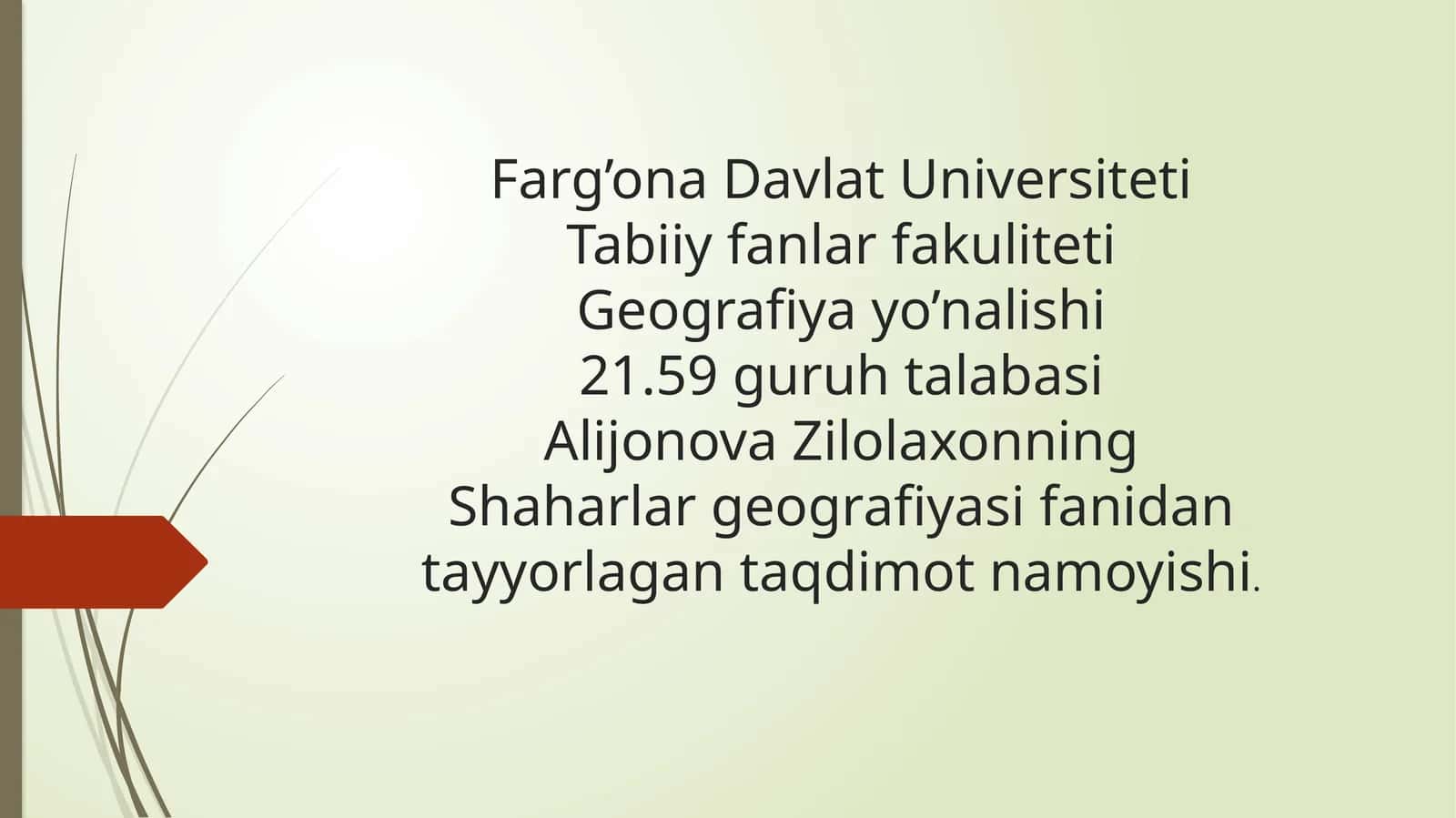 Alijonova Zilolaxonning Shaharlar Geografiyasi Fanidan Tayyorlagan Taqdimotnamo