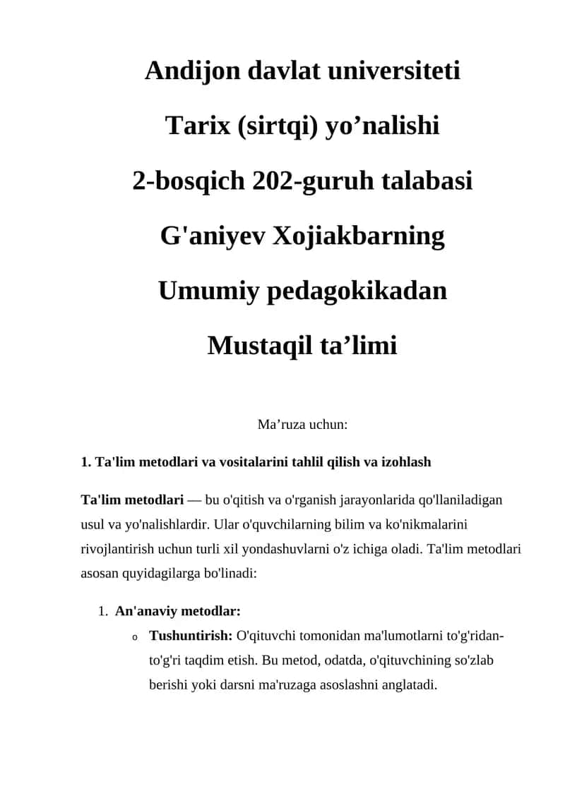 Ta'lim Metodlari va Vositalari