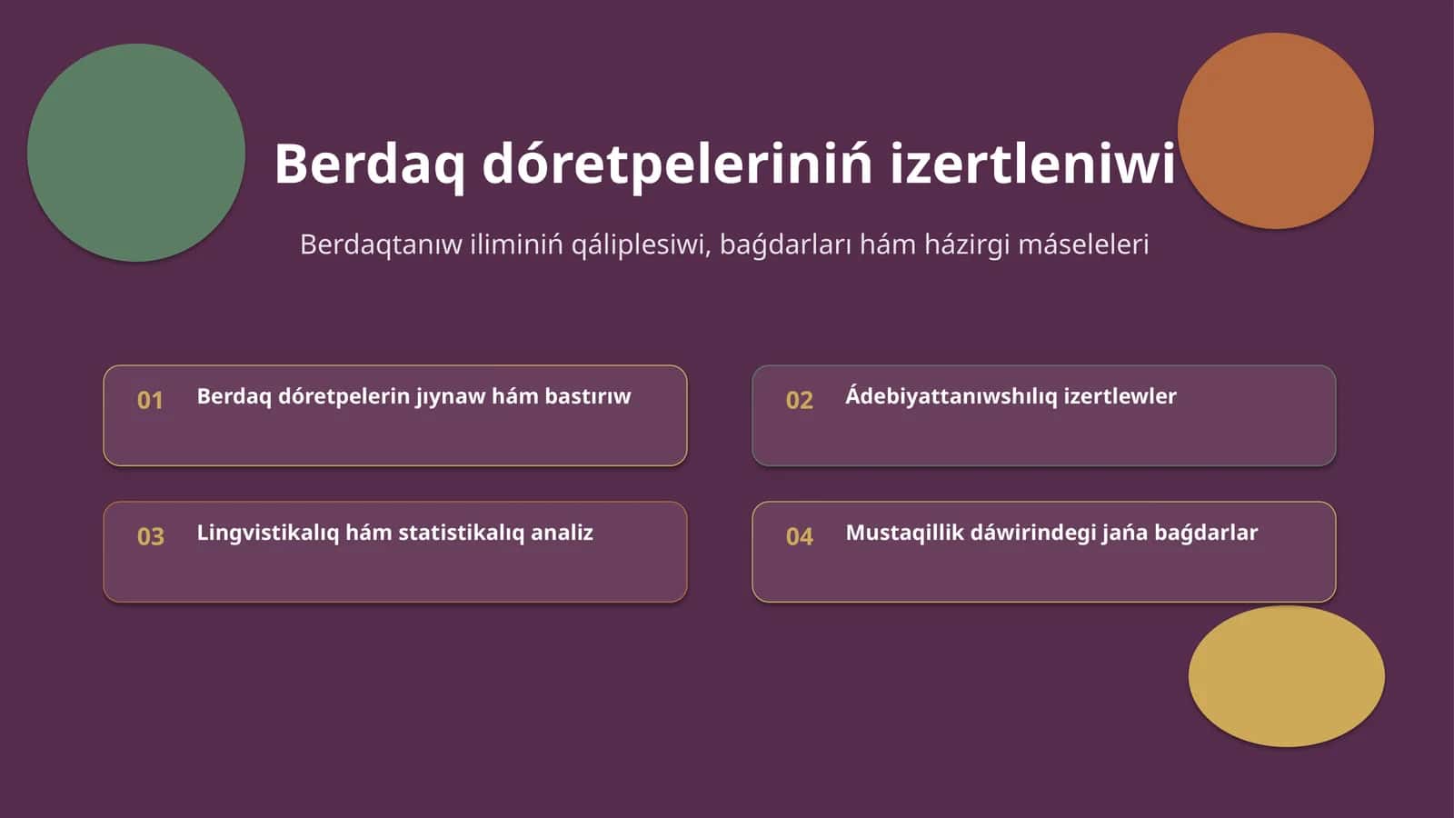 Berdaq dóretpeleriniń izertleniwi