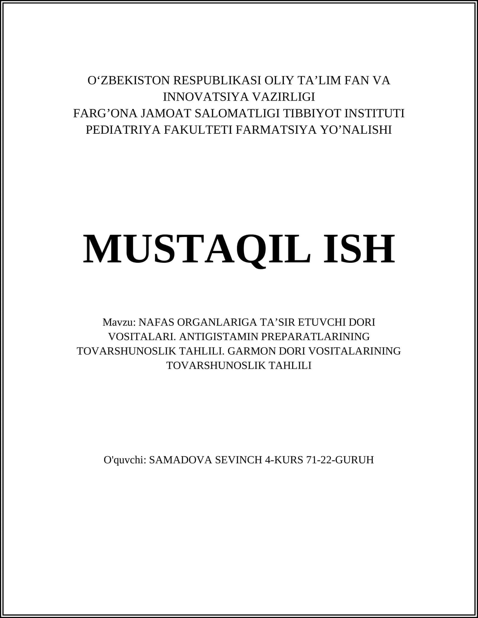 NAFAS ORGANLARIGA TA’SIR ETUVCHI DORI VOSITALARI