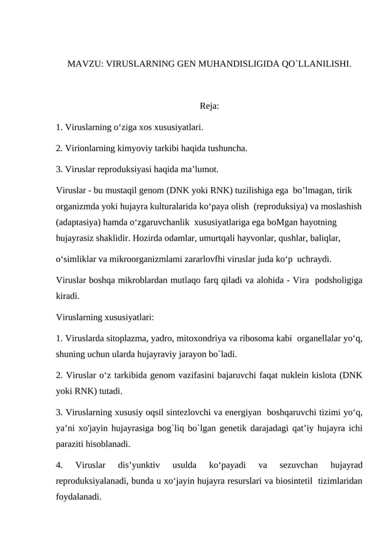 VIRUSLARNING GEN MUHANDISLIGIDA QO`LLANILISHI.