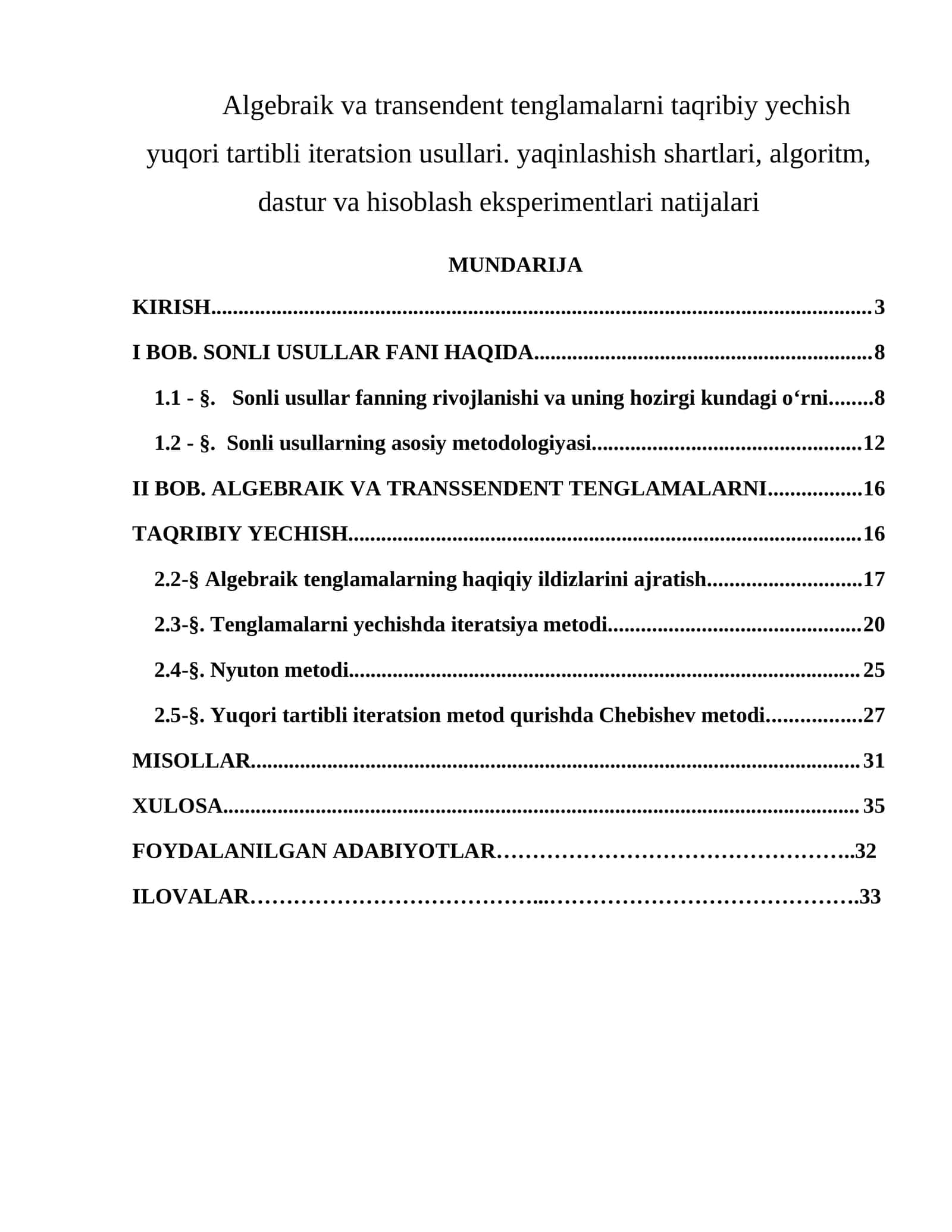Algebraik va transendent tenglamalarni taqribiy yechish yuqori tartibli iteratsion usullari