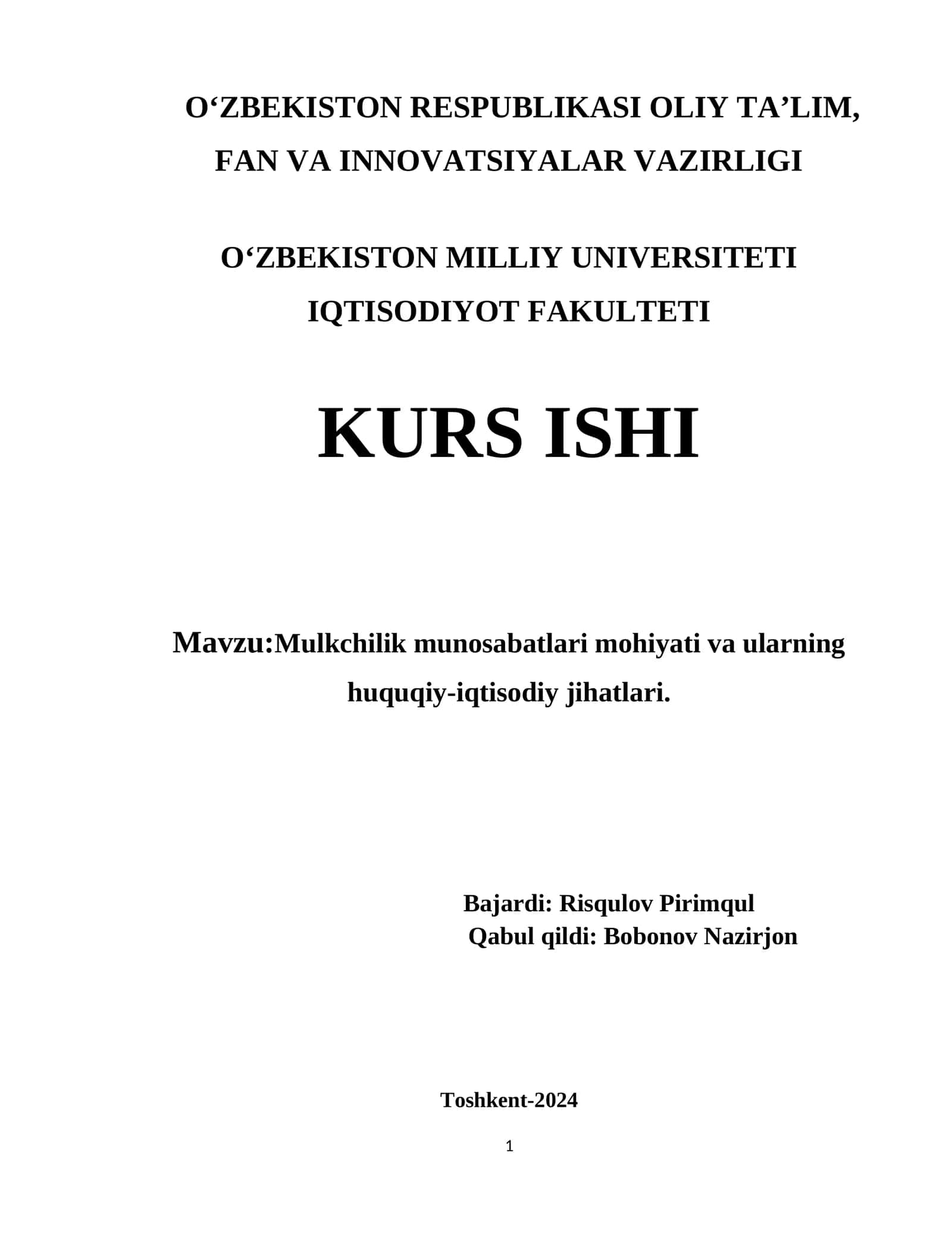 Mulkchilik munosabatlari mohiyati va ularning huquqiy-iqtisodiy jihatlari