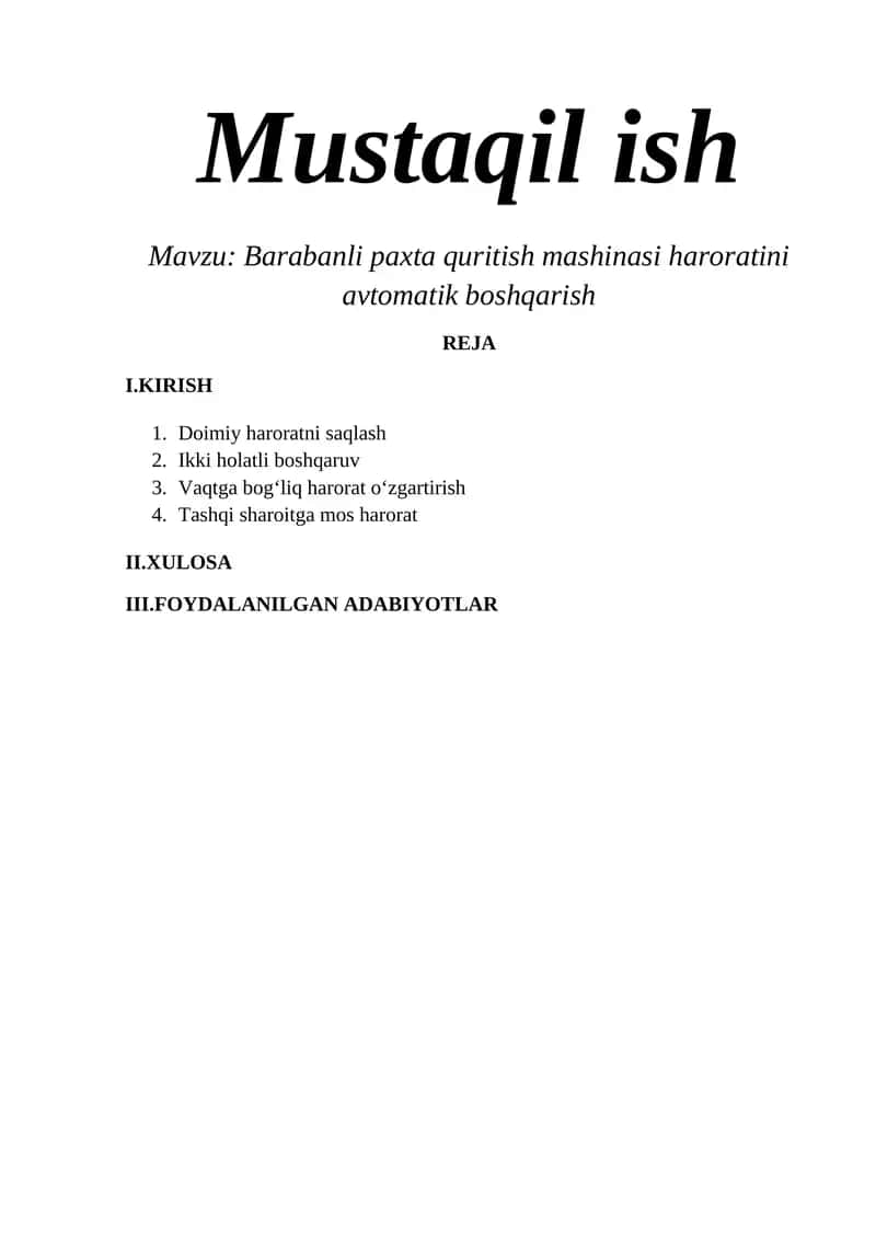 Barabanli paxta quritish mashinasi haroratini avtomatik boshqarish