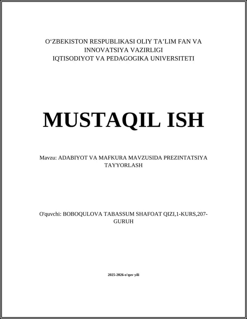 ADABIYOT VA MAFKURA MAVZUSIDA PREZINTATSIYA TAYYORLASH