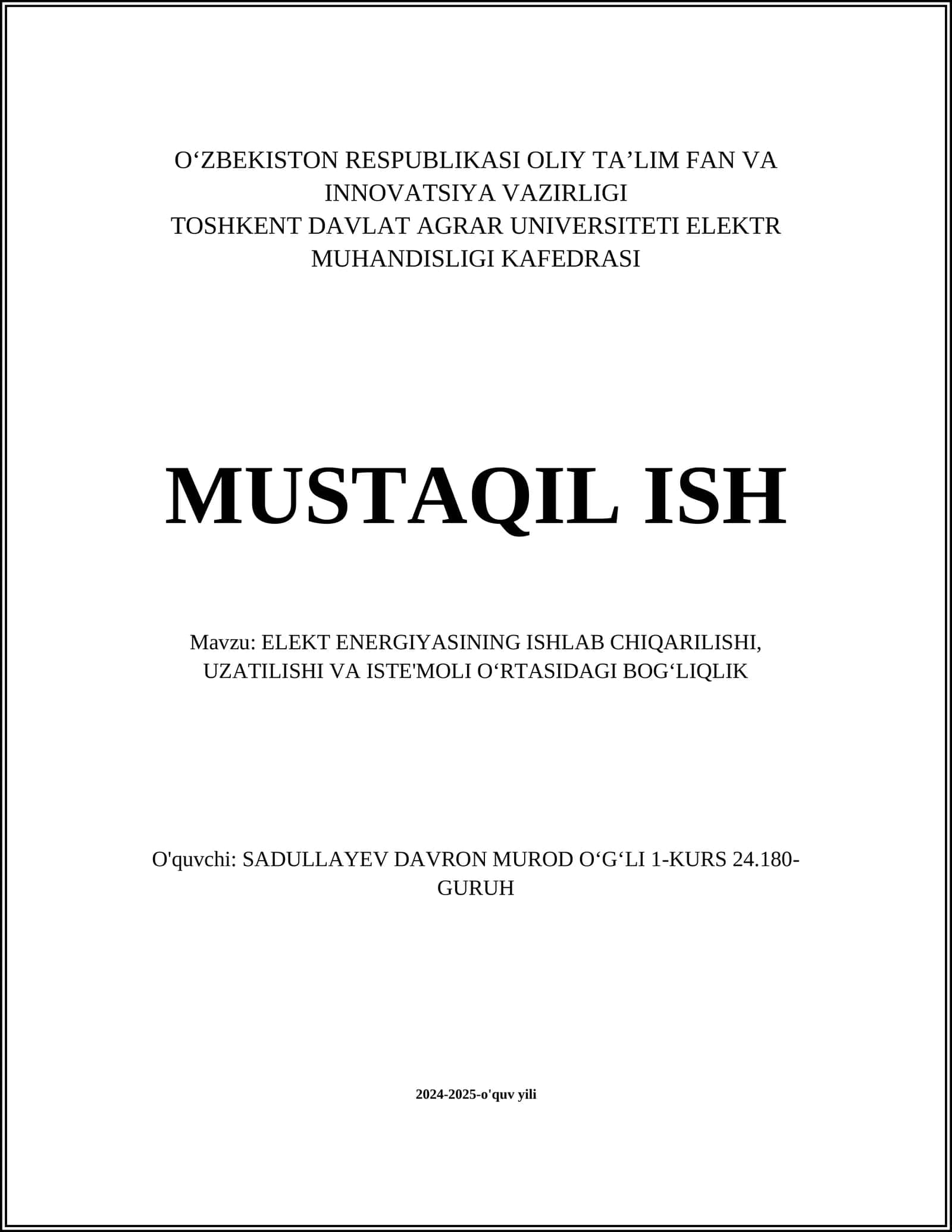 ELEKT ENERGIYASINING ISHLAB CHIQARILISHI, UZATILISHI VA ISTE'MOLI OʻRTASIDAGI BOGʻLIQLIK