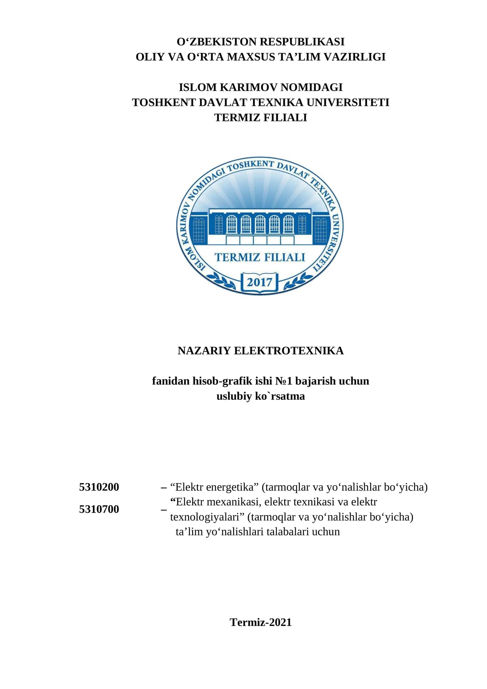 NAZARIY ELEKTROTEXNIKA fanidan hisob-grafik ishi №1